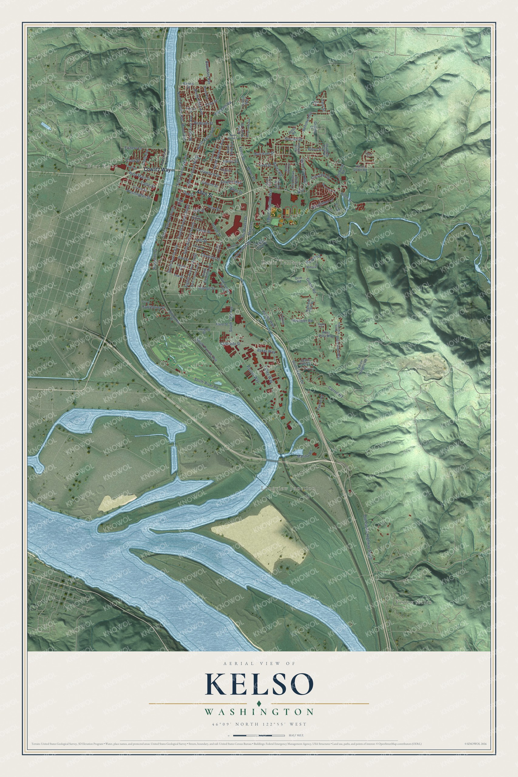 Watermarked full-map preview of Kelso, Washington