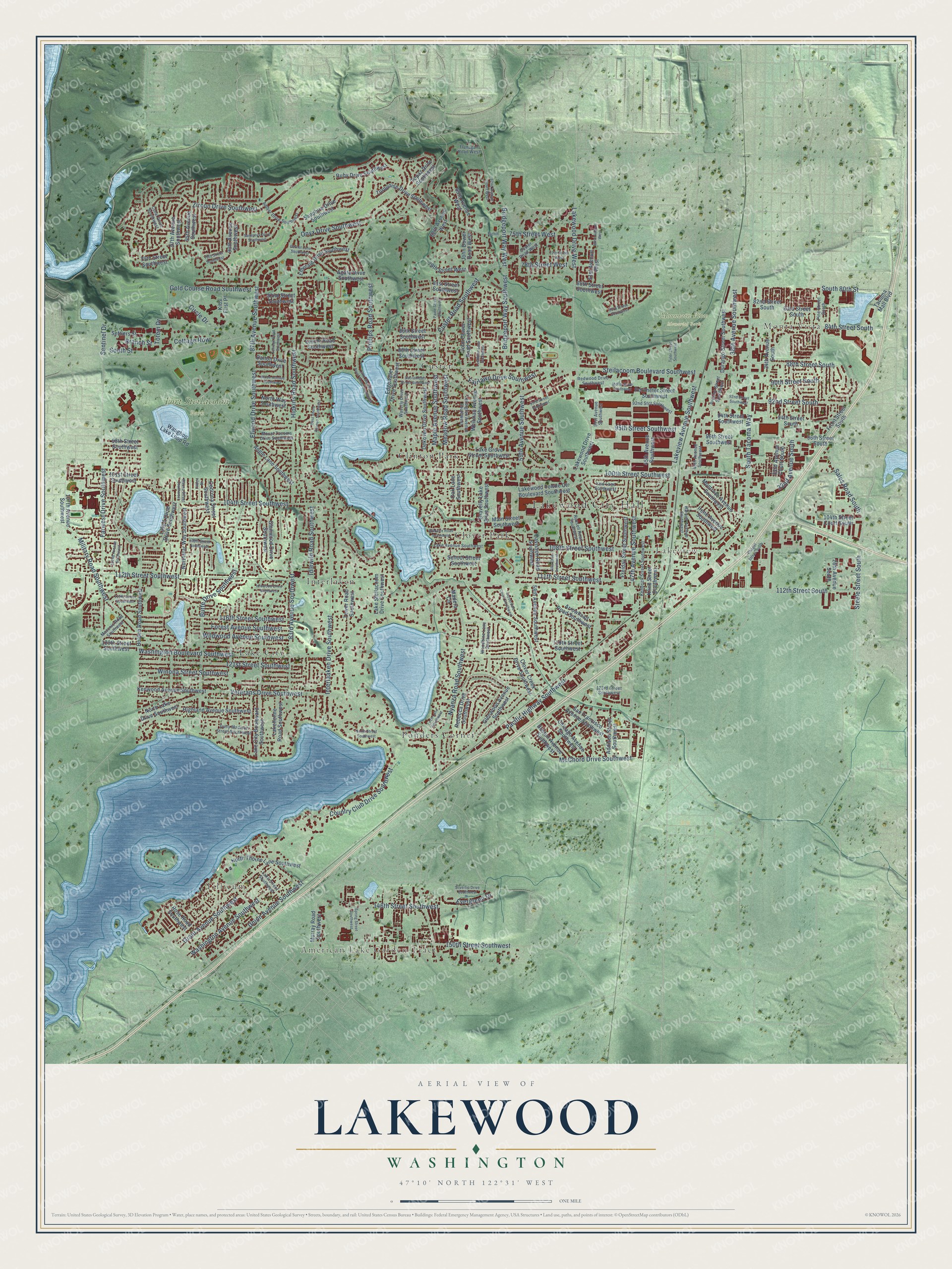 Full map of Lakewood, Washington, with red buildings, printed street names and the land around them