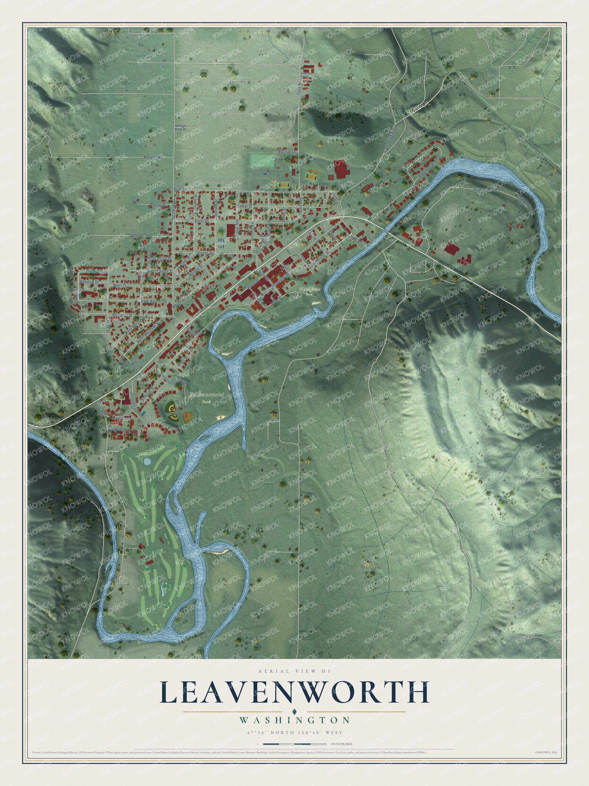 Full map of Leavenworth, Washington, with red buildings, printed street names and the land around them