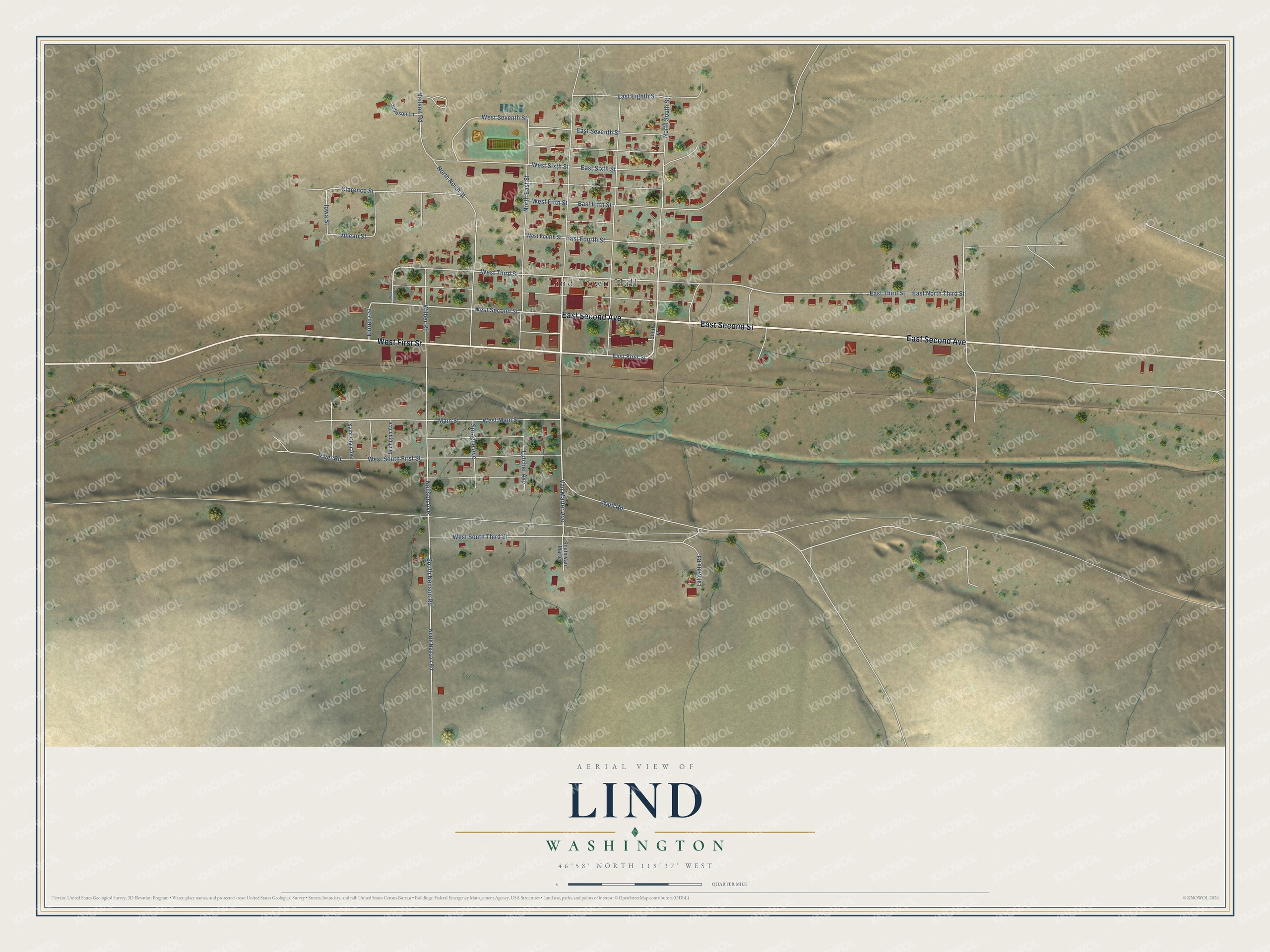 Full map of Lind, Washington, with red buildings, printed street names and the land around them