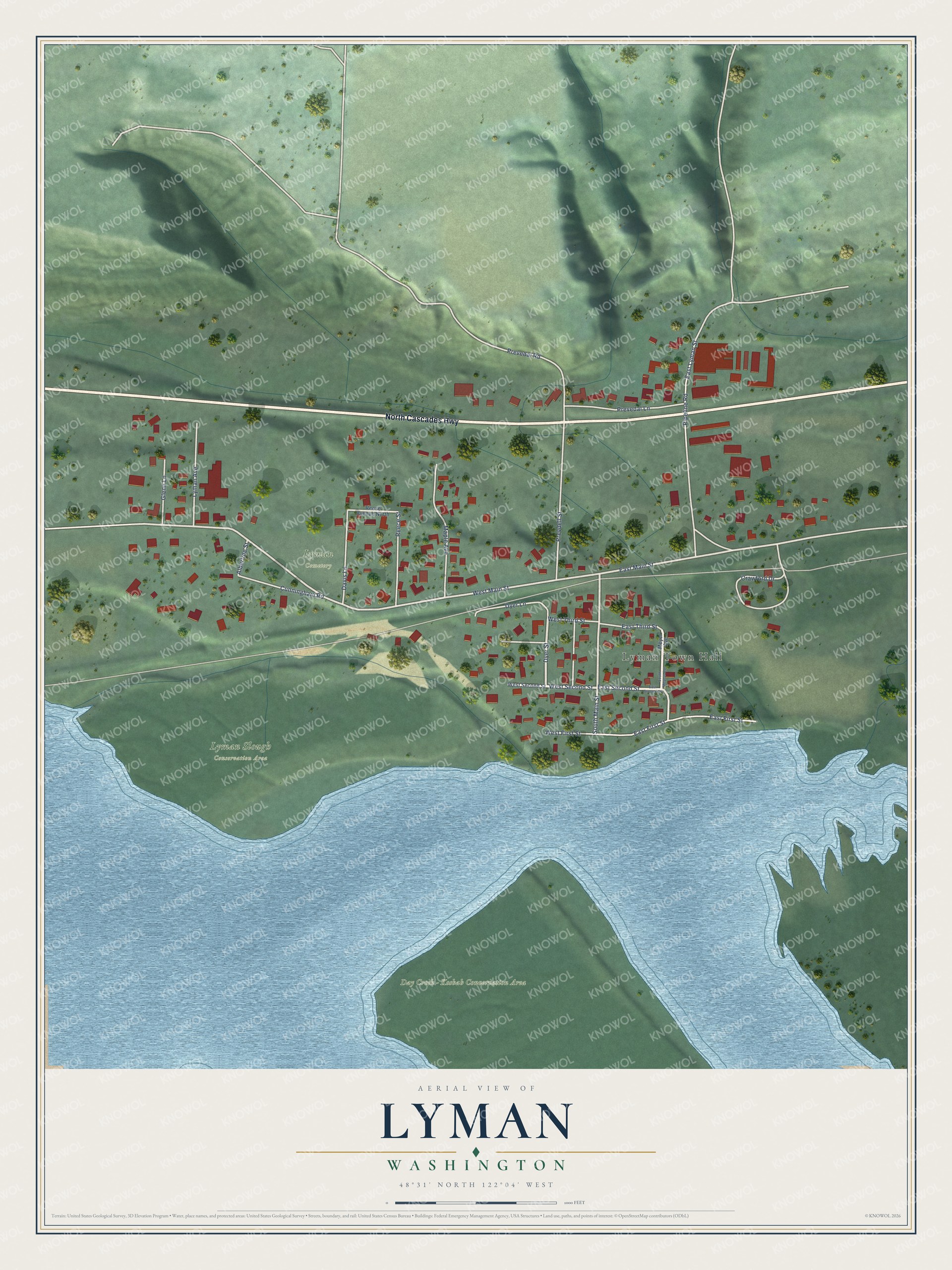 Full map of Lyman, Washington, with red buildings, printed street names and the land around them