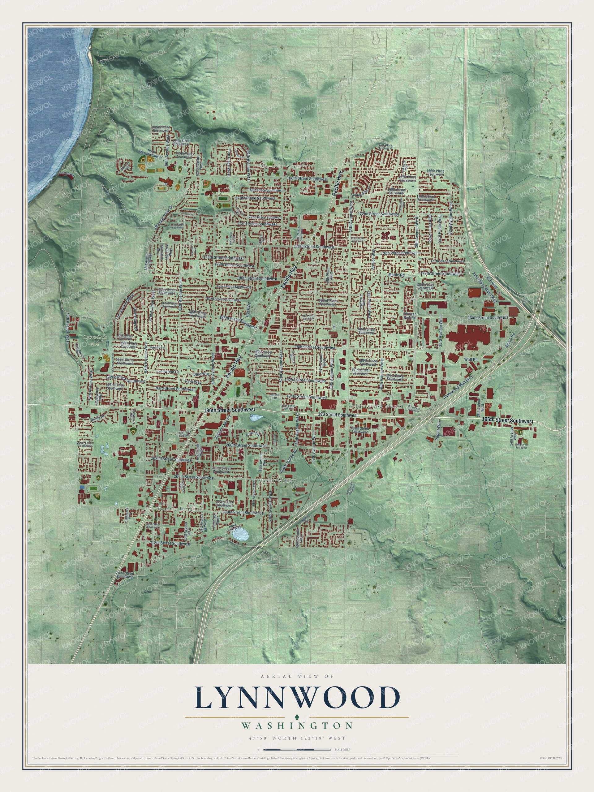 Full map of Lynnwood, Washington, with red buildings, printed street names and the land around them