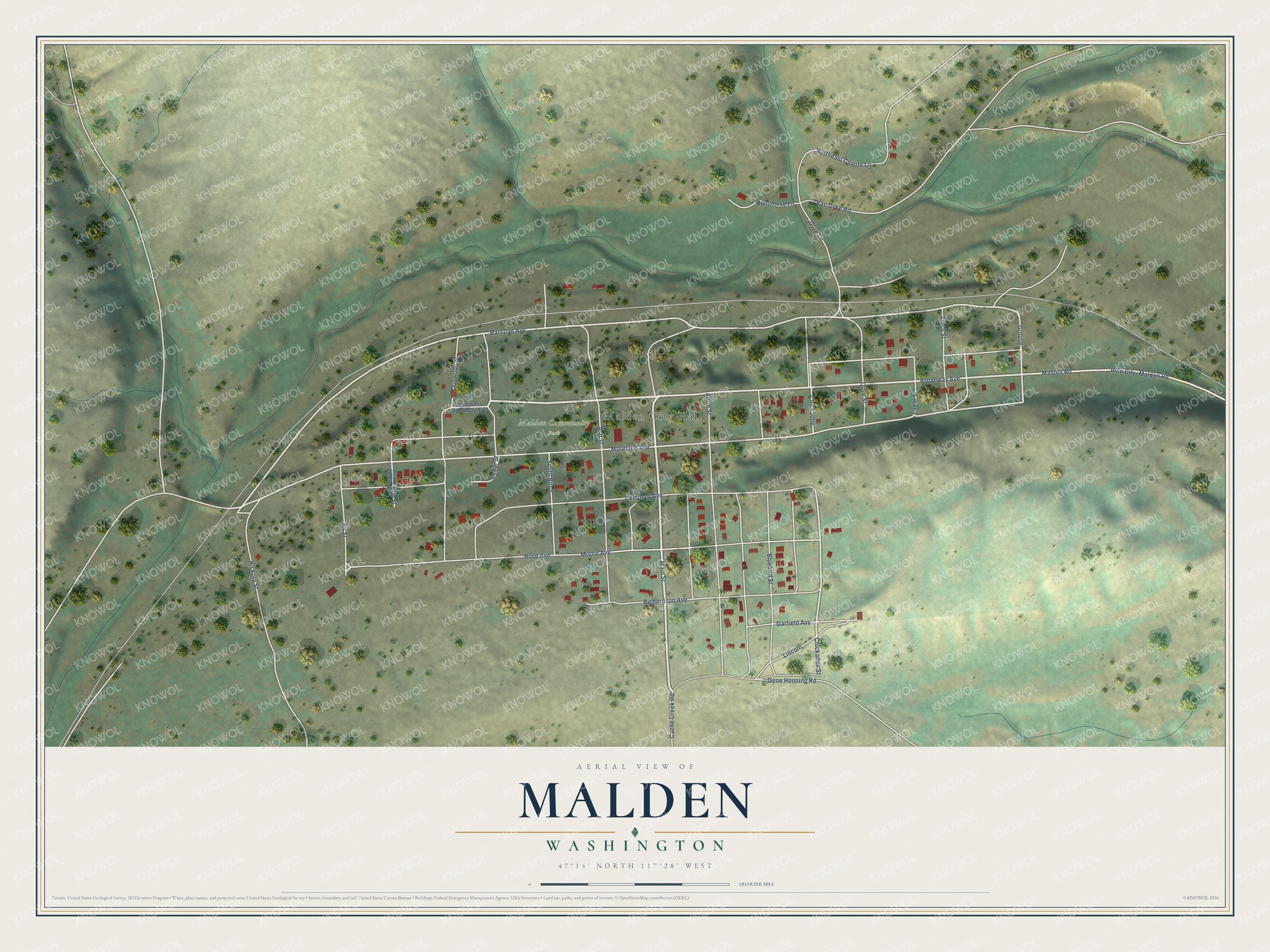 Full map of Malden, Washington, with red buildings, printed street names and the land around them
