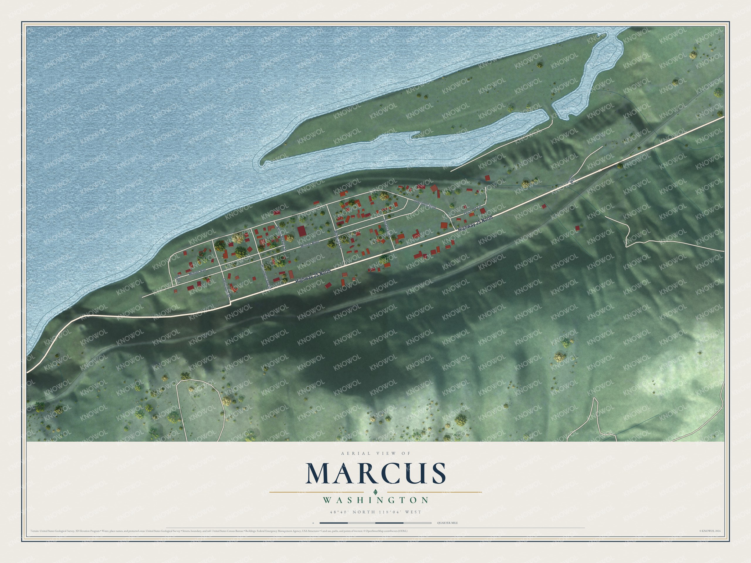 Full map of Marcus, Washington, with red buildings, printed street names and the land around them