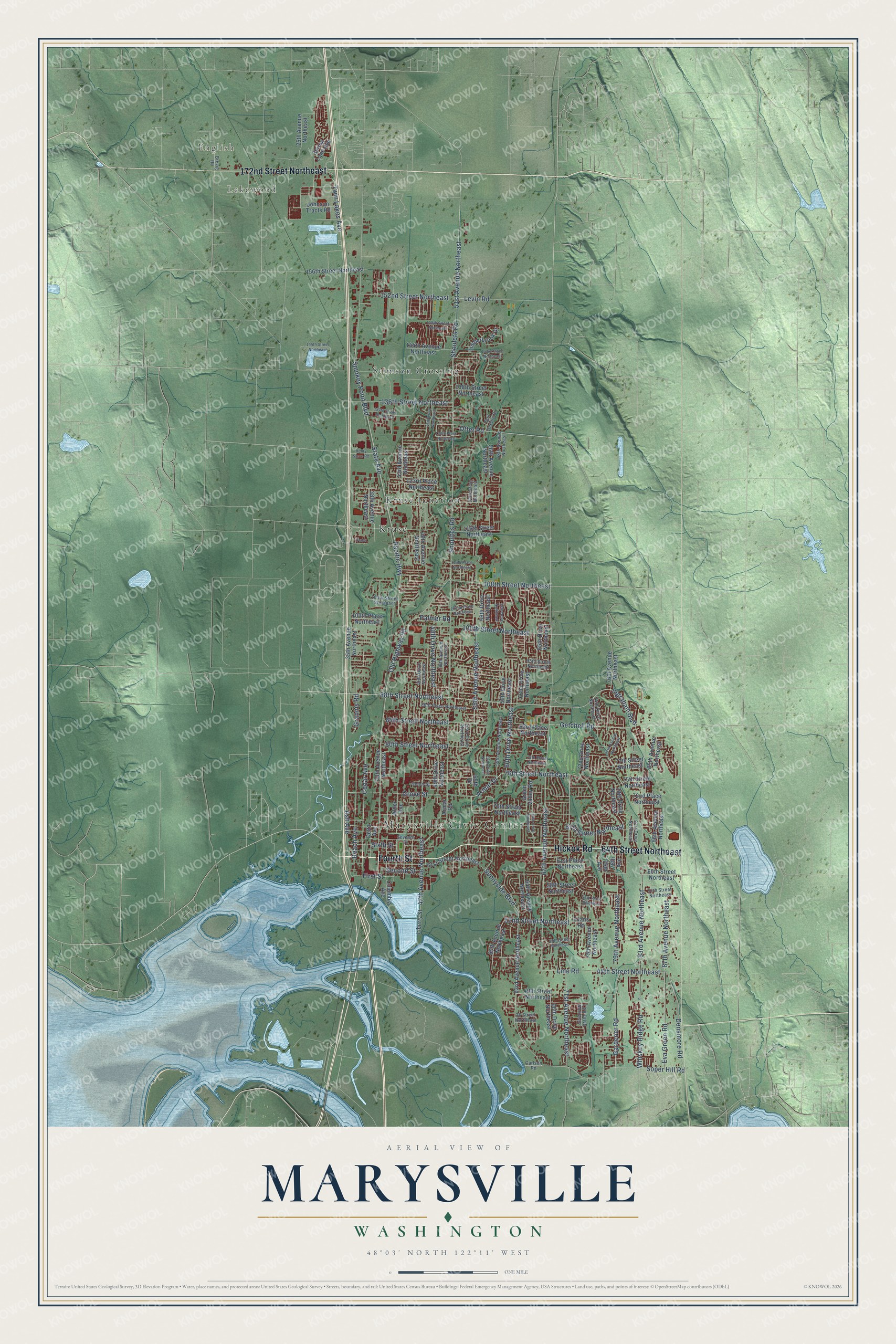 Full map of Marysville, Washington, with red buildings, printed street names and the land around them