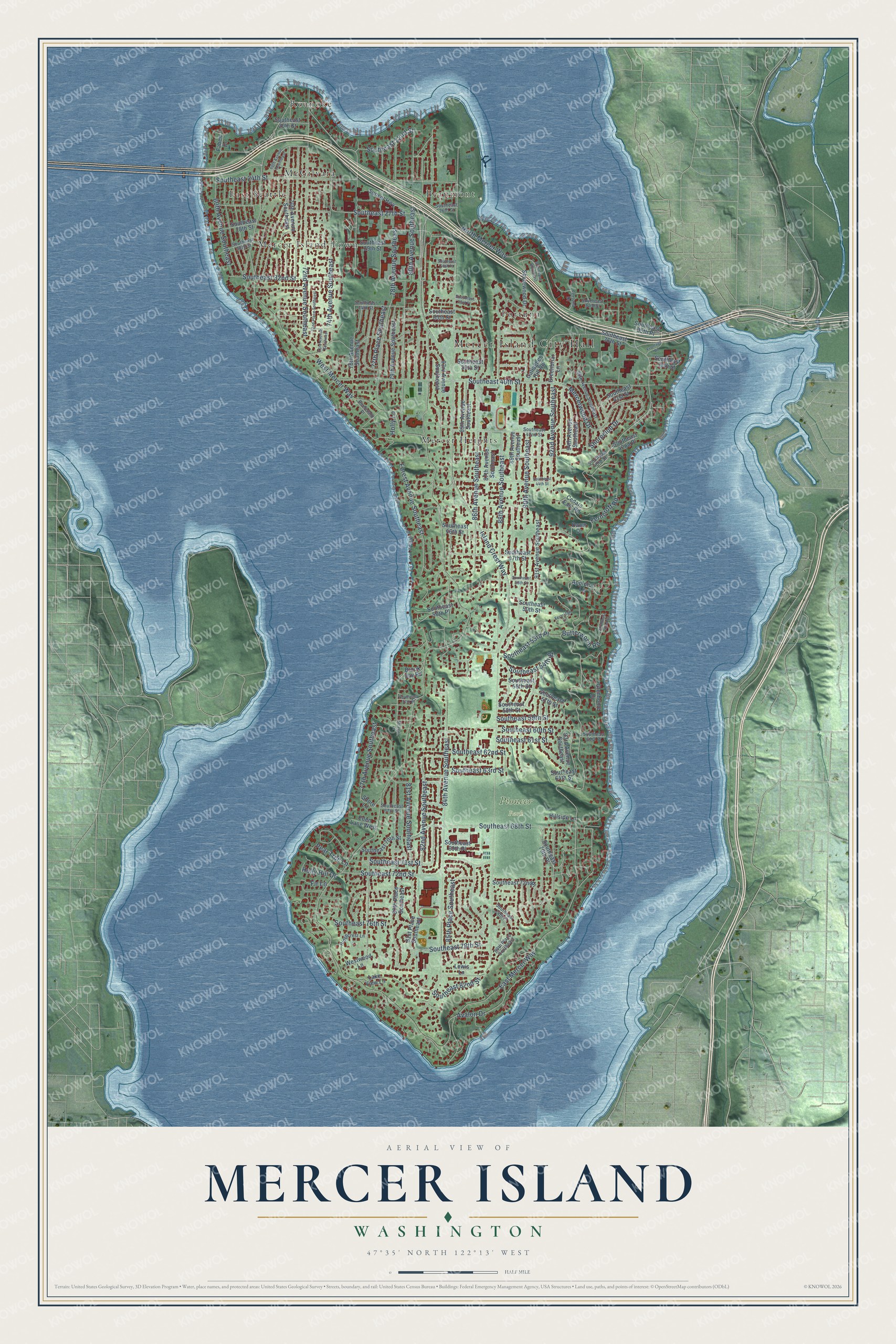 Full map of Mercer Island, Washington, with red buildings, printed street names and the land around them