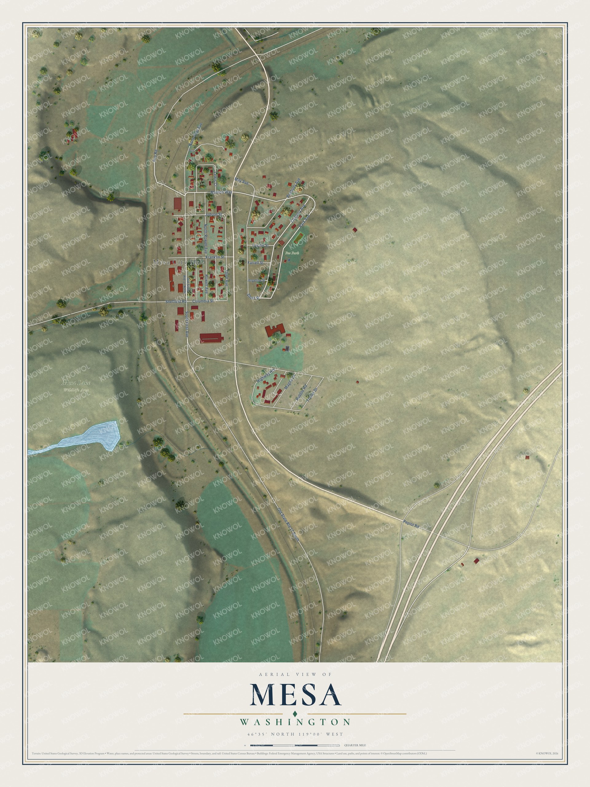 Full map of Mesa, Washington, with red buildings, printed street names and the land around them
