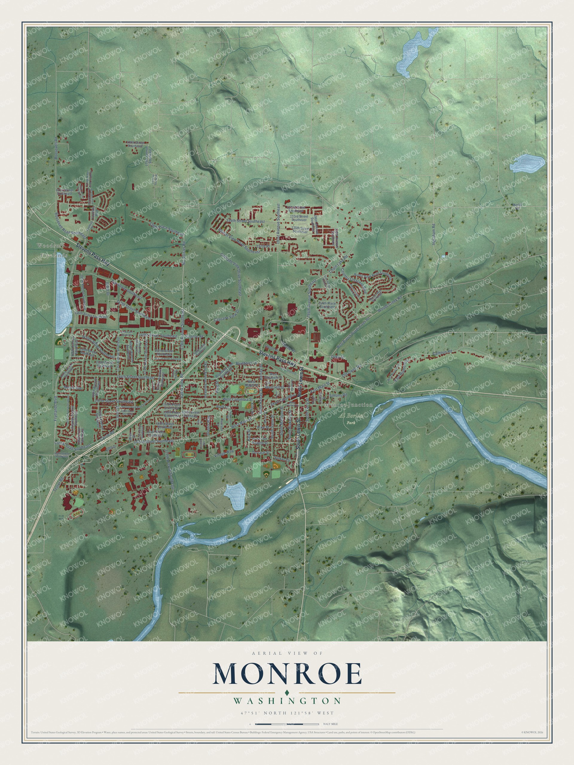 Full map of Monroe, Washington, with red buildings, printed street names and the land around them