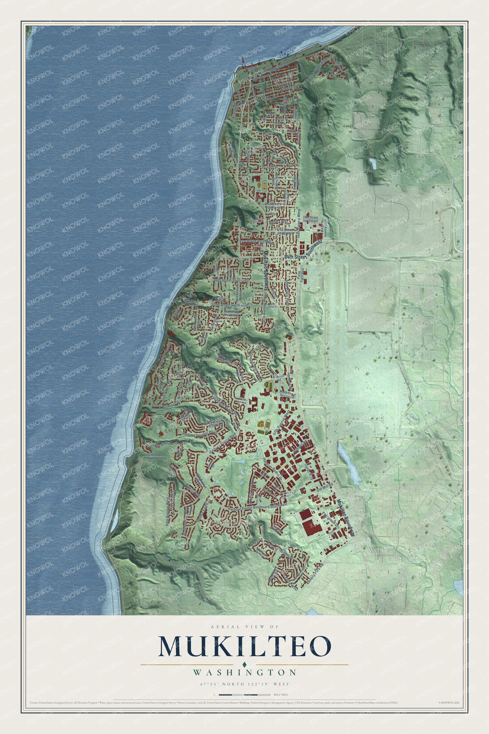 Full map of Mukilteo, Washington, with red buildings, printed street names and the land around them