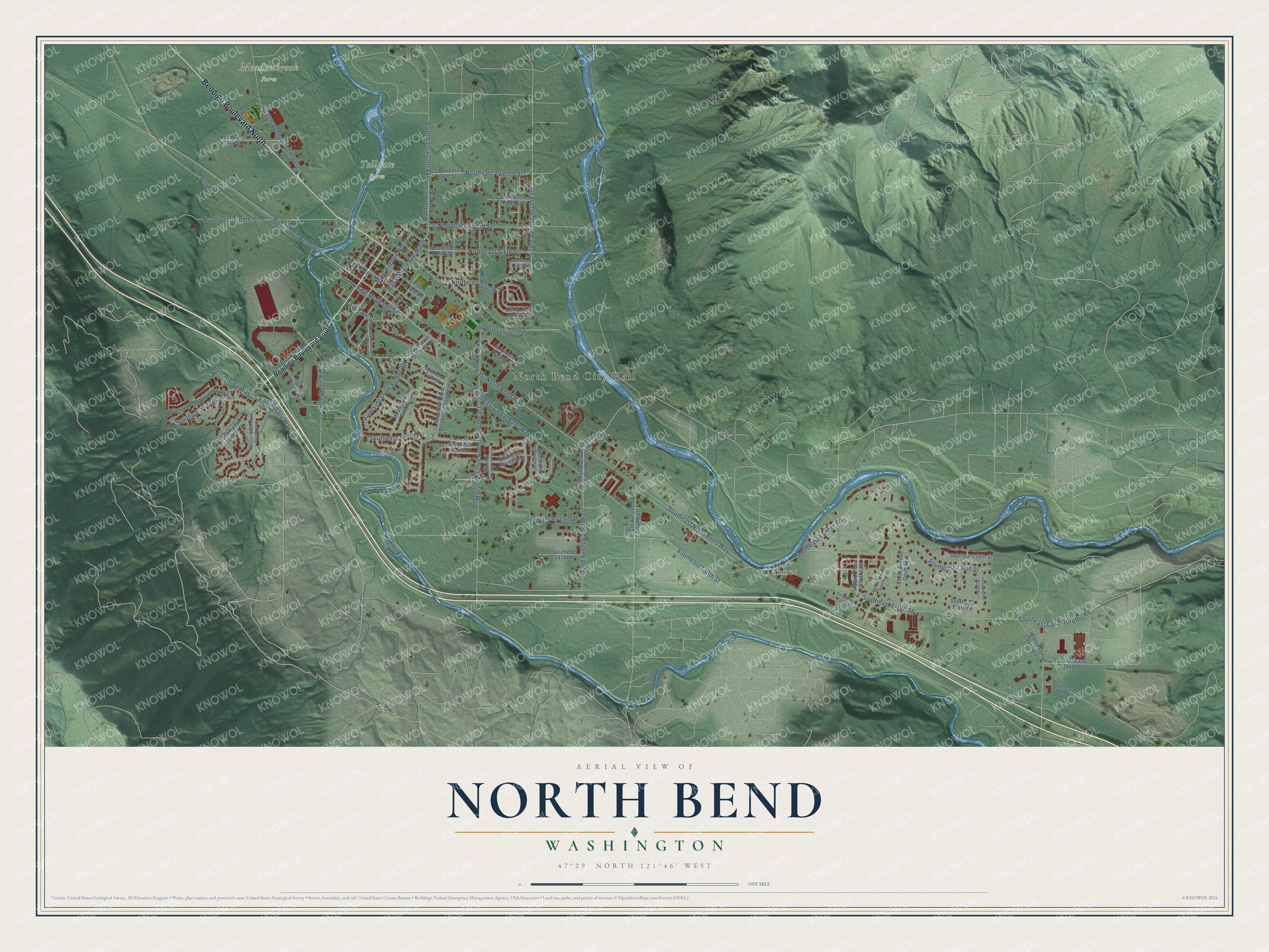 Watermarked full-map preview of North Bend, Washington