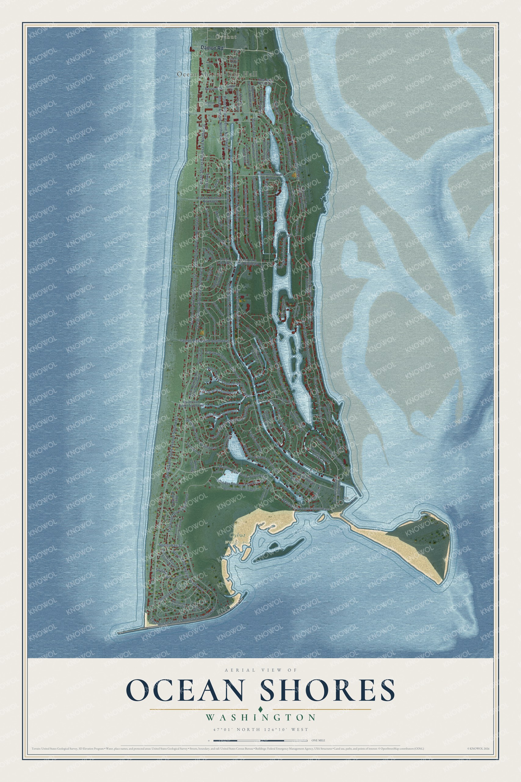 Full map of Ocean Shores, Washington, with red buildings, printed street names and the land around them