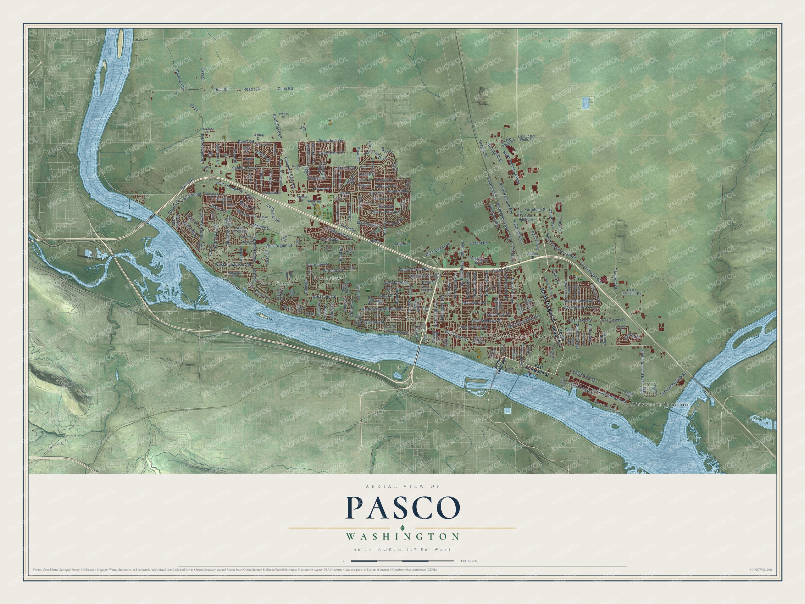 Full map of Pasco, Washington, with red buildings, printed street names and the land around them