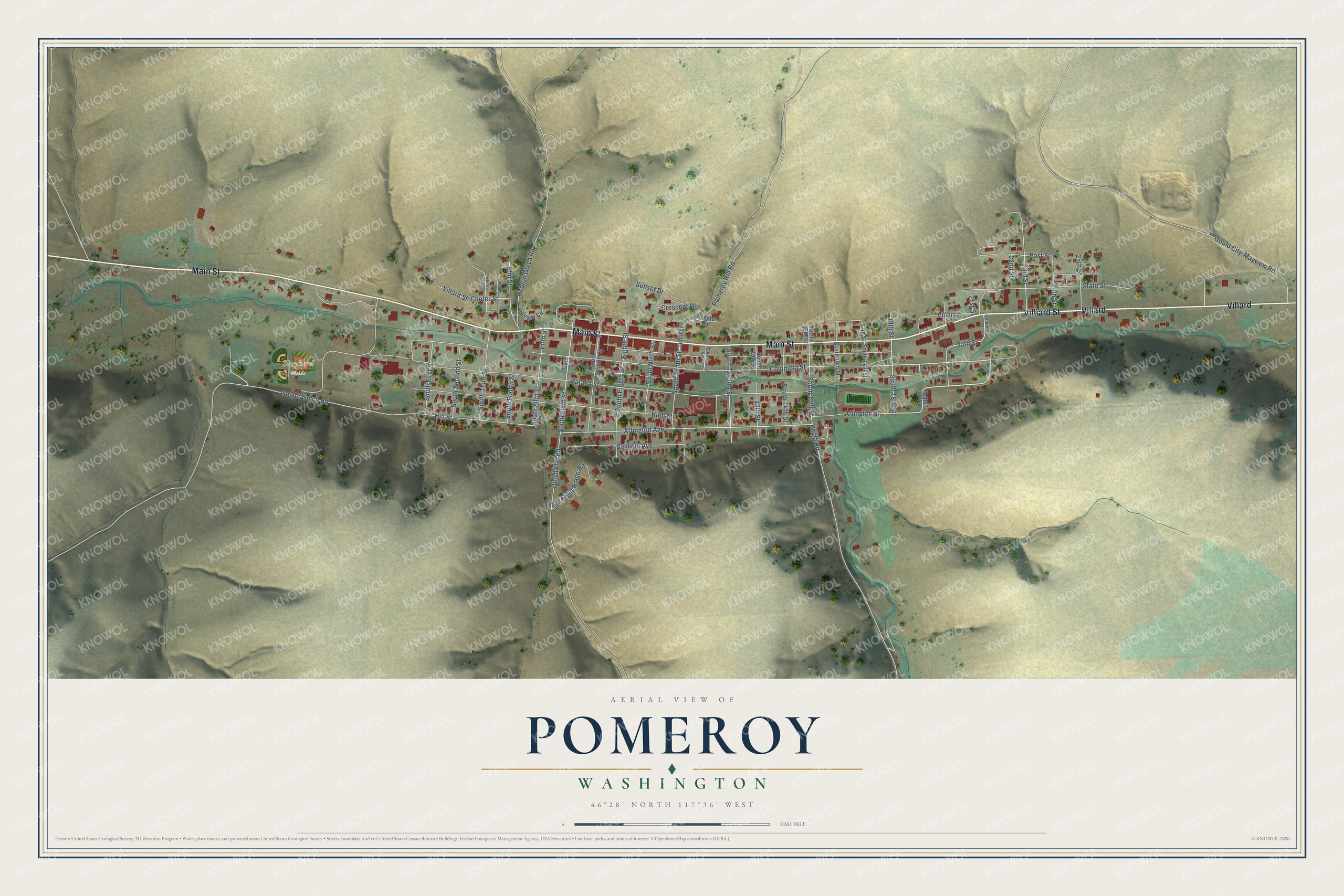 Full map of Pomeroy, Washington, with red buildings, printed street names and the land around them