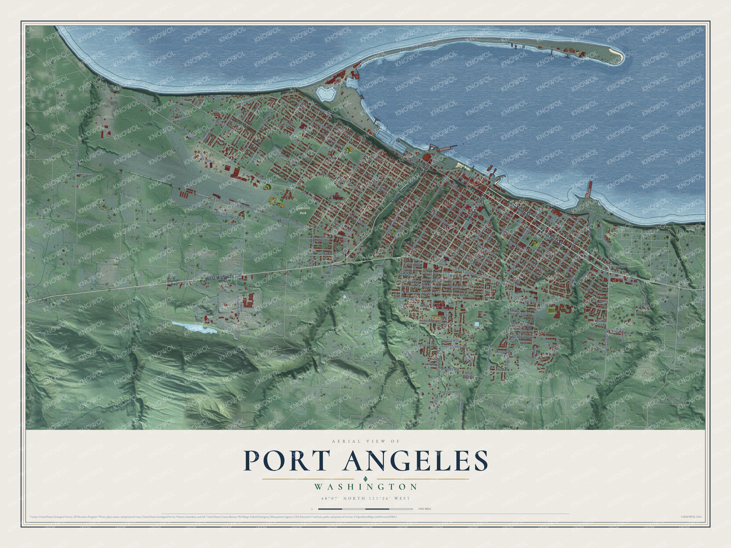 Full map of Port Angeles, Washington, with red buildings, printed street names and the land around them