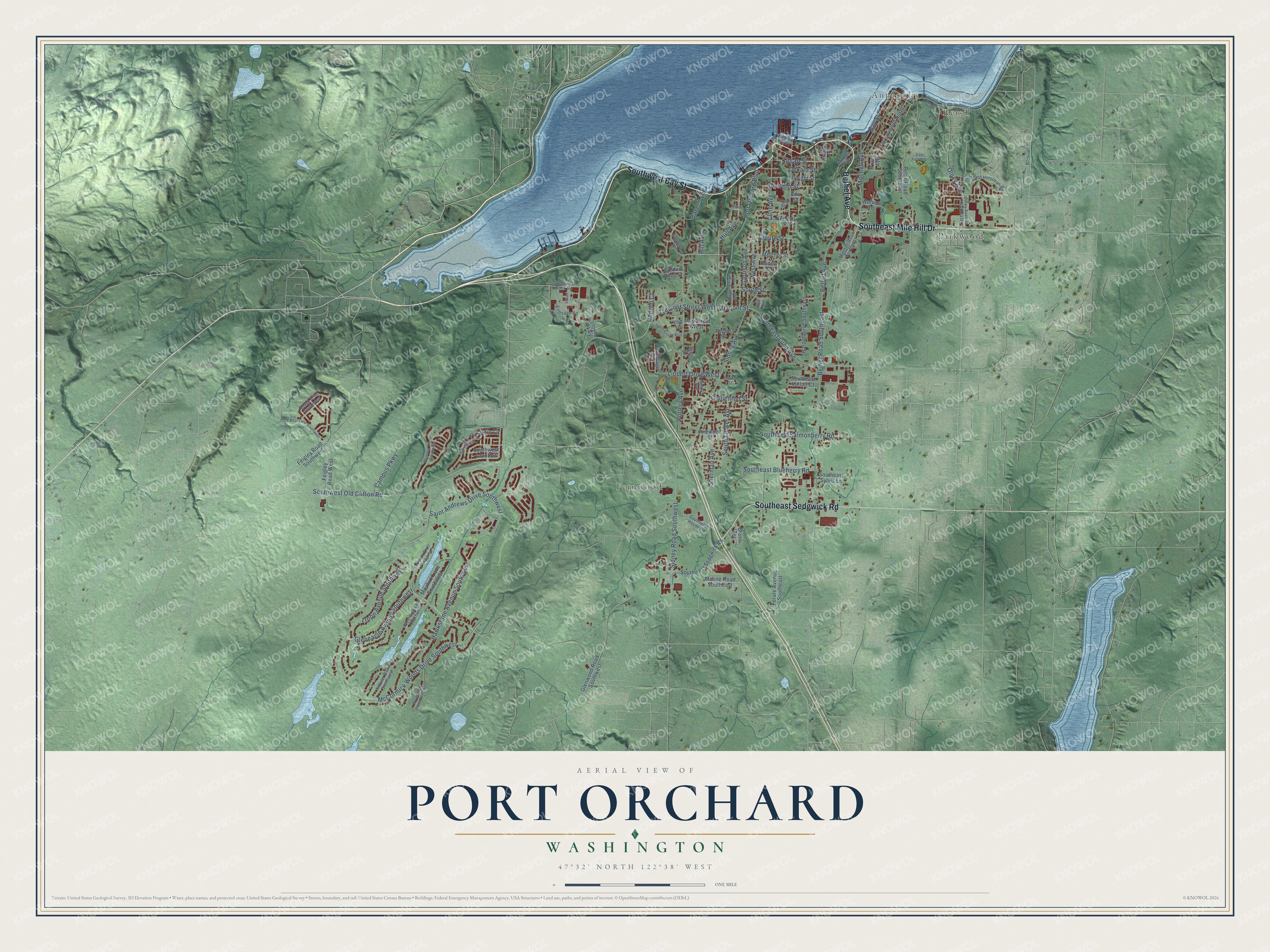 Full map of Port Orchard, Washington, with red buildings, printed street names and the land around them