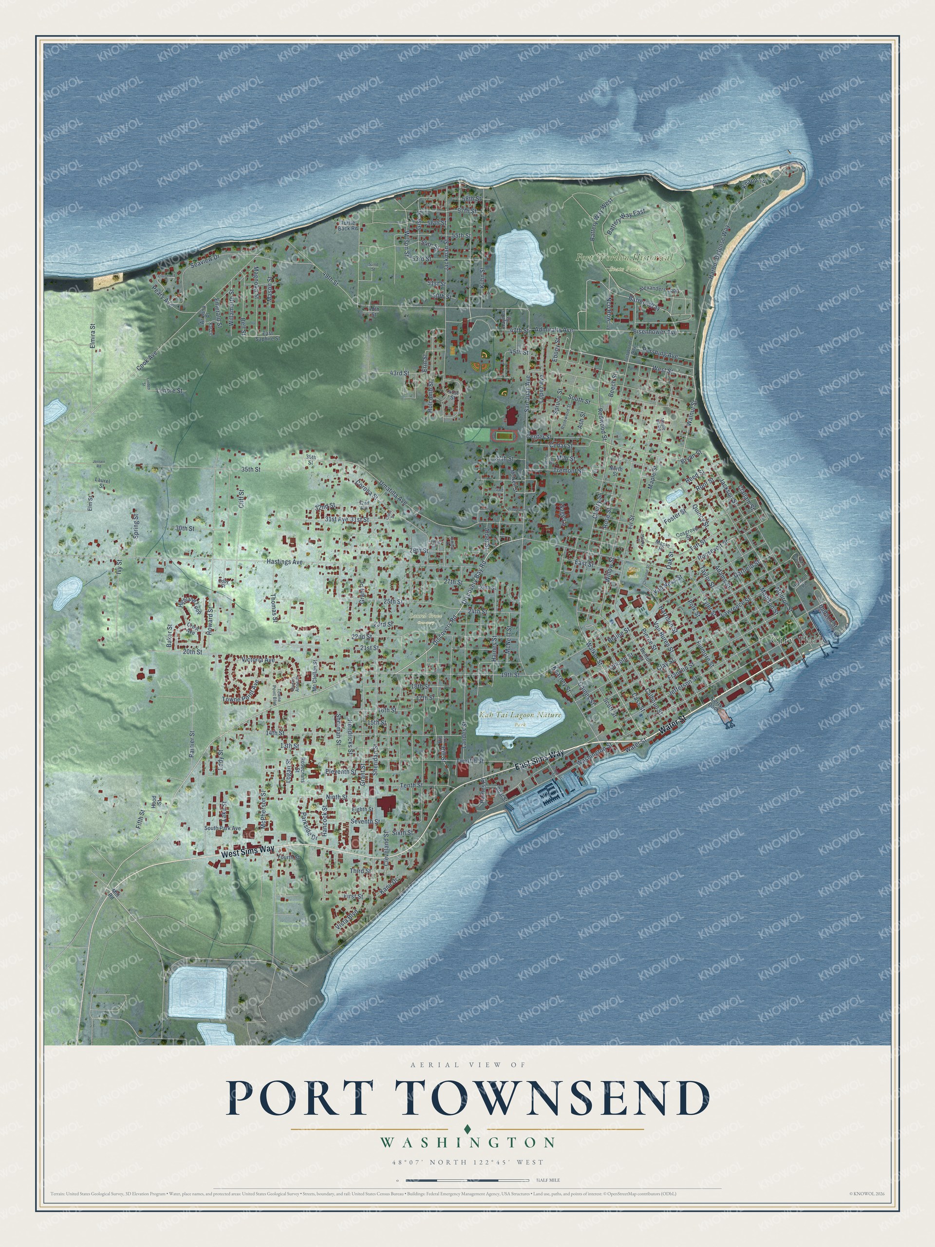 Full map of Port Townsend, Washington, with red buildings, printed street names and the land around them