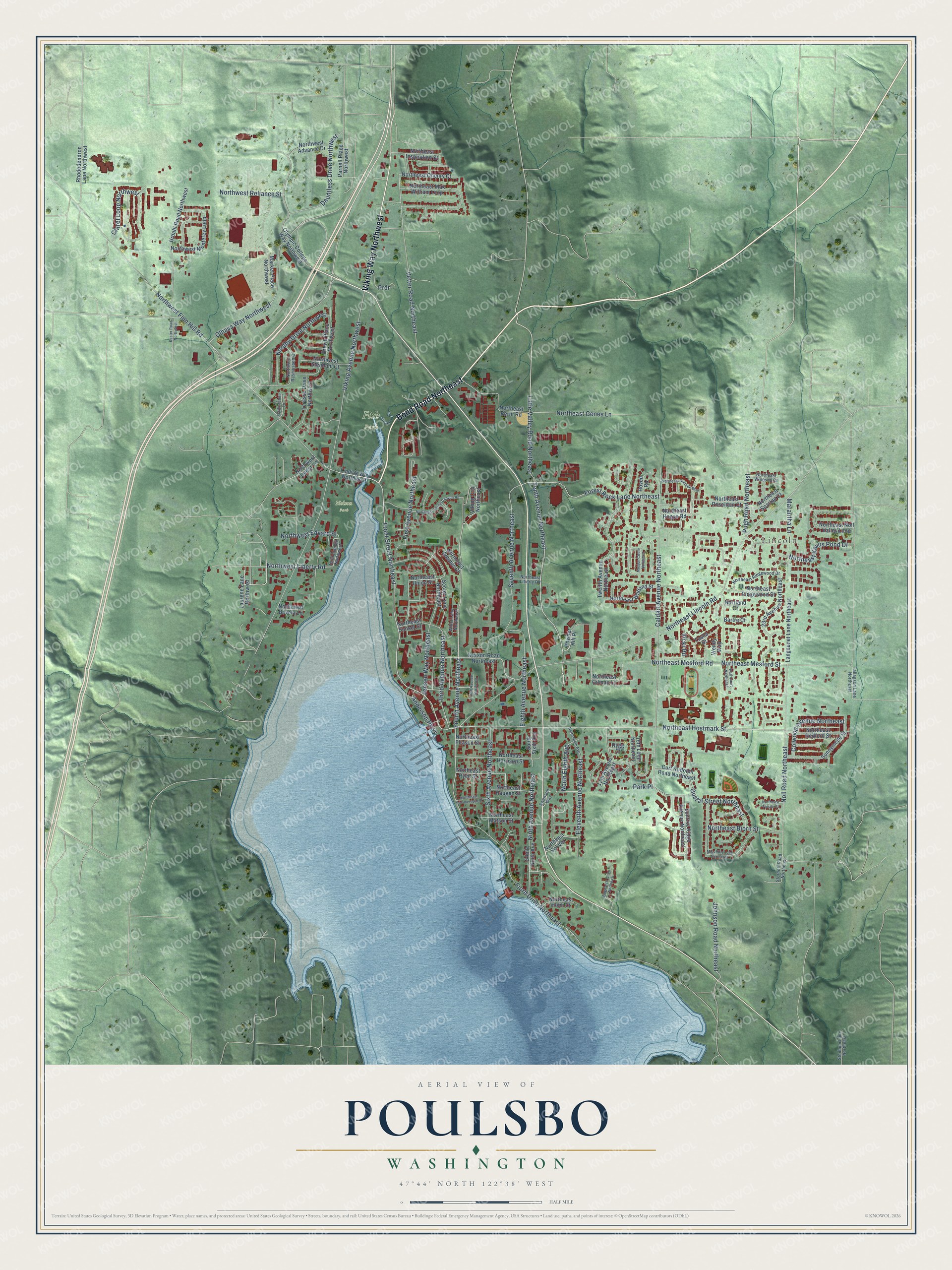 Full map of Poulsbo, Washington, with red buildings, printed street names and the land around them