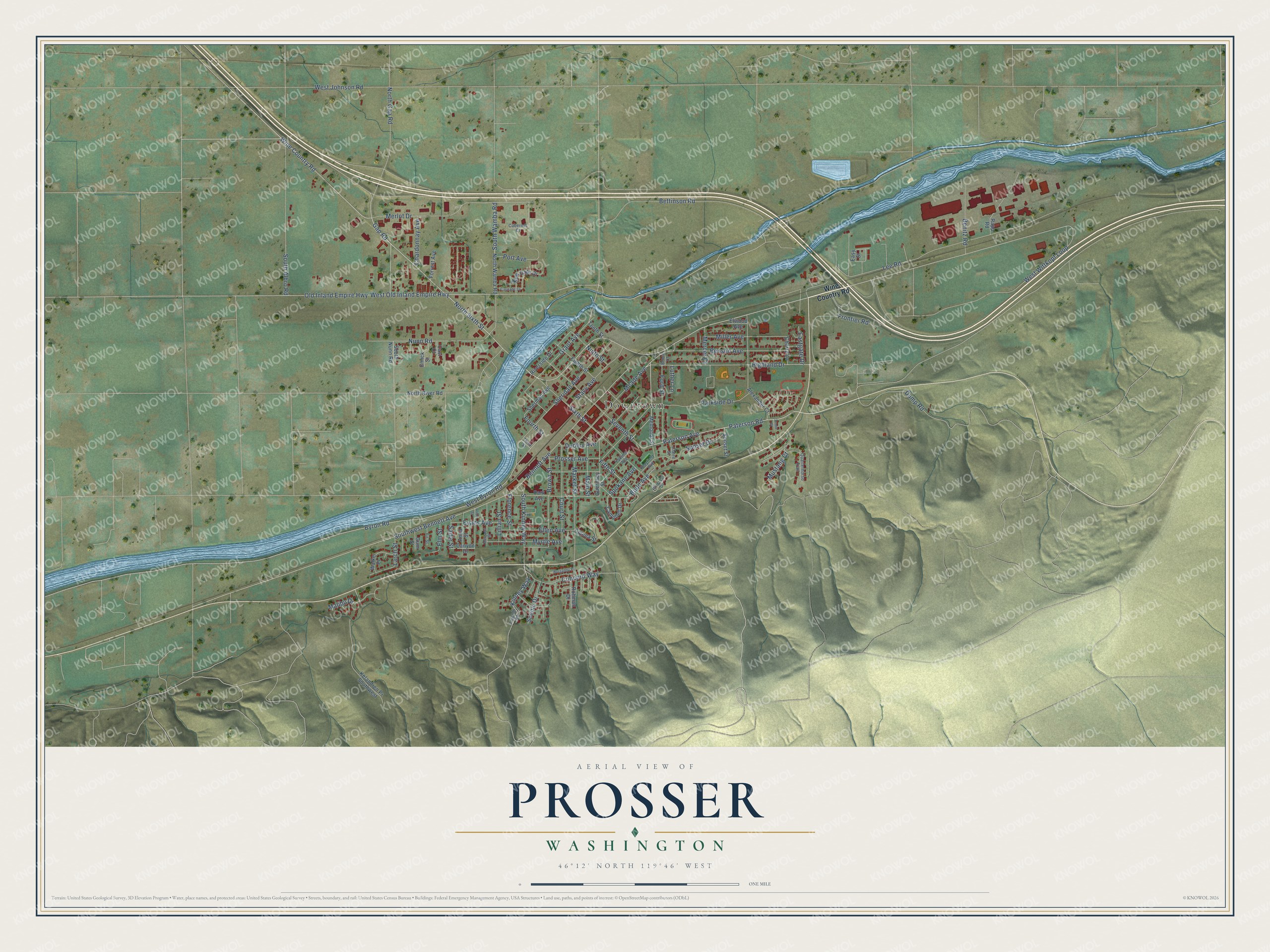 Full map of Prosser, Washington, with red buildings, printed street names and the land around them