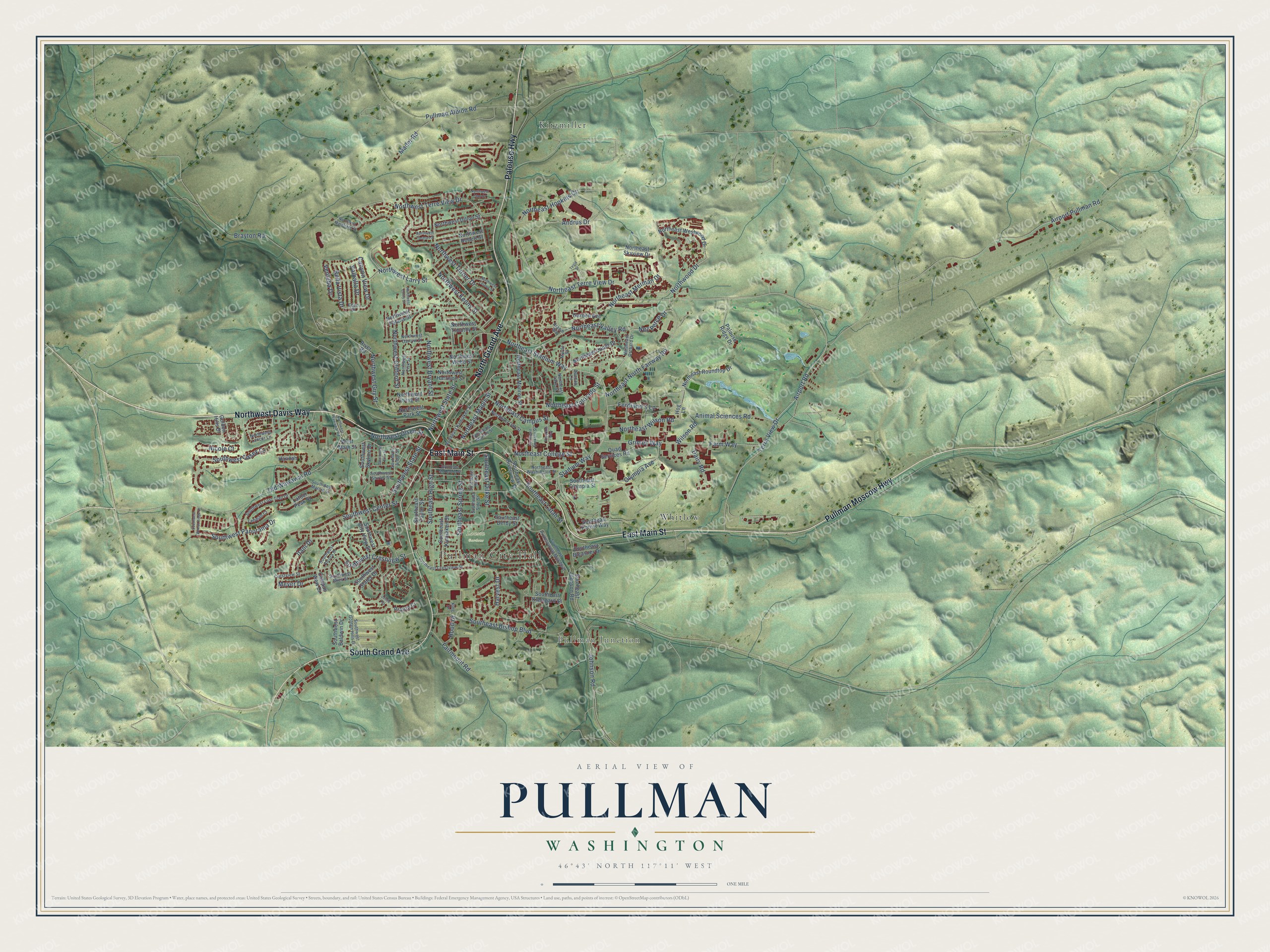 Full map of Pullman, Washington, with red buildings, printed street names and the land around them