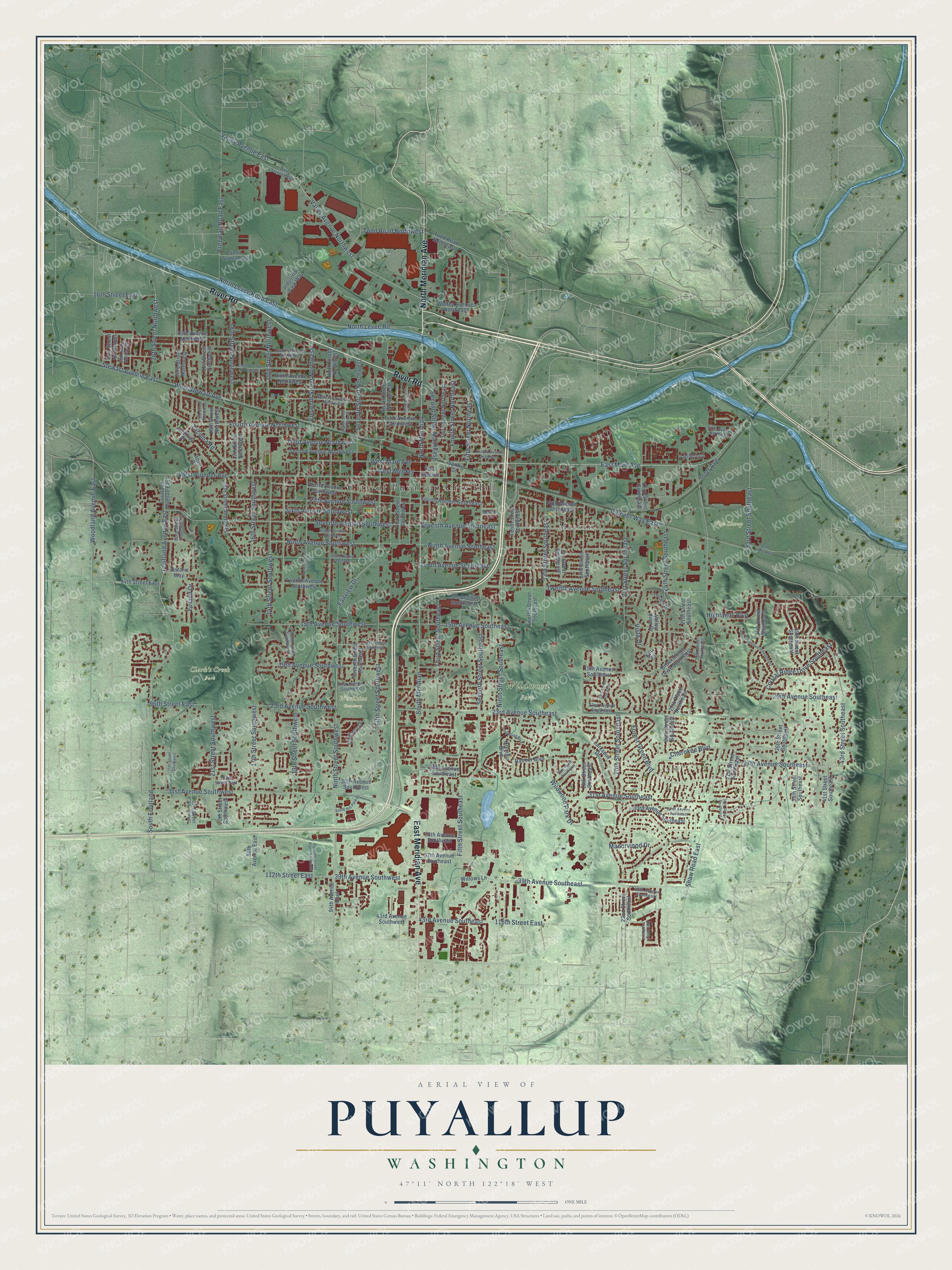 Full map of Puyallup, Washington, with red buildings, printed street names and the land around them