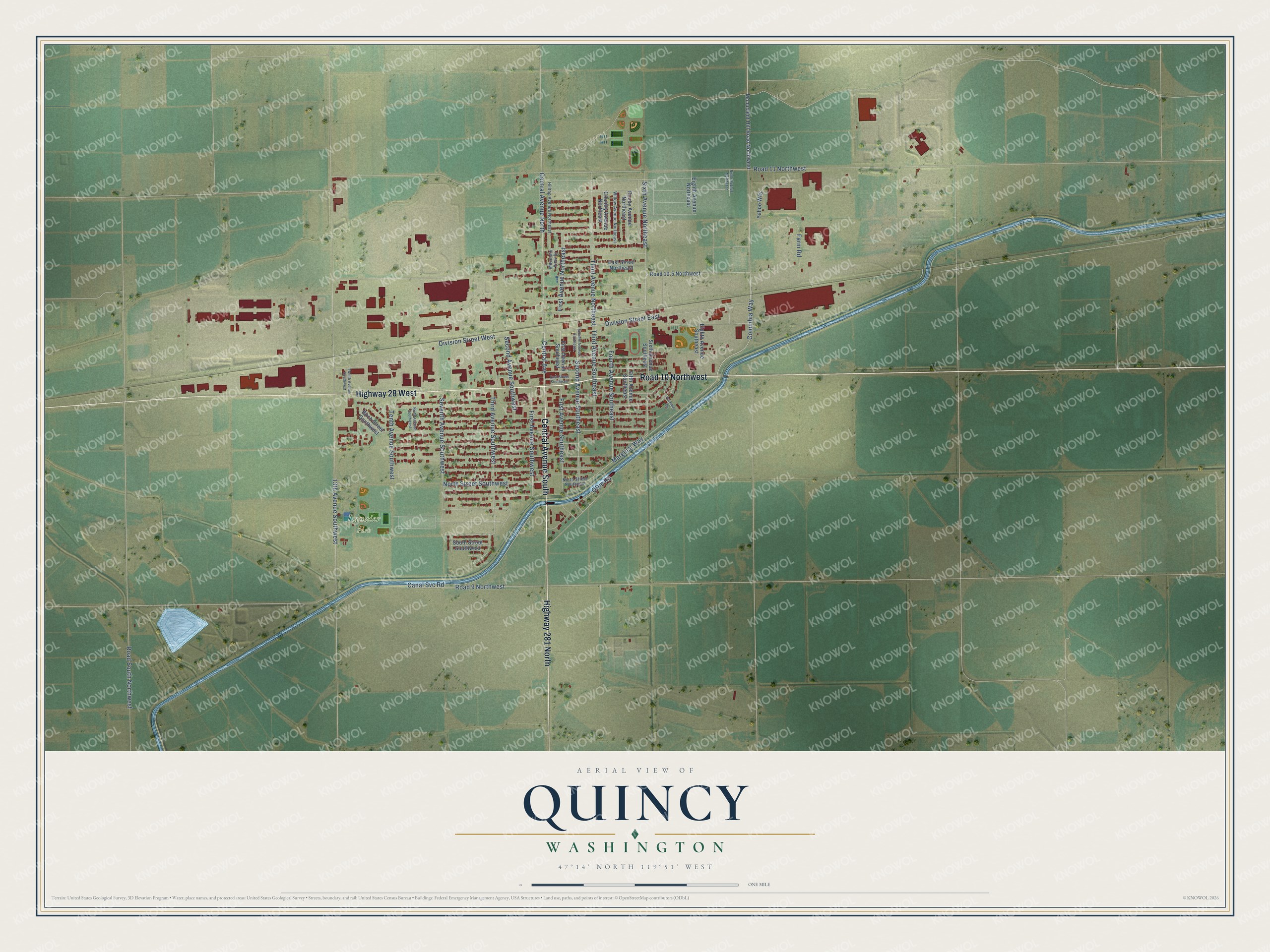 Full map of Quincy, Washington, with red buildings, printed street names and the land around them