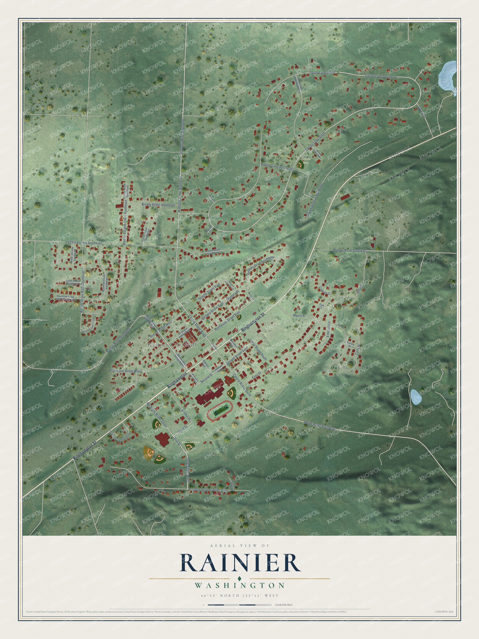Full map of Rainier, Washington, with red buildings, printed street names and the land around them