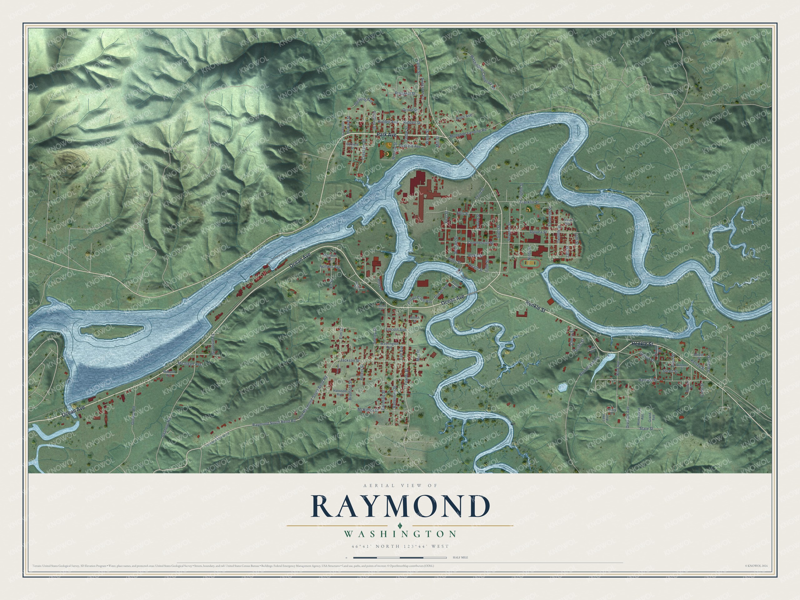 Full map of Raymond, Washington, with red buildings, printed street names and the land around them