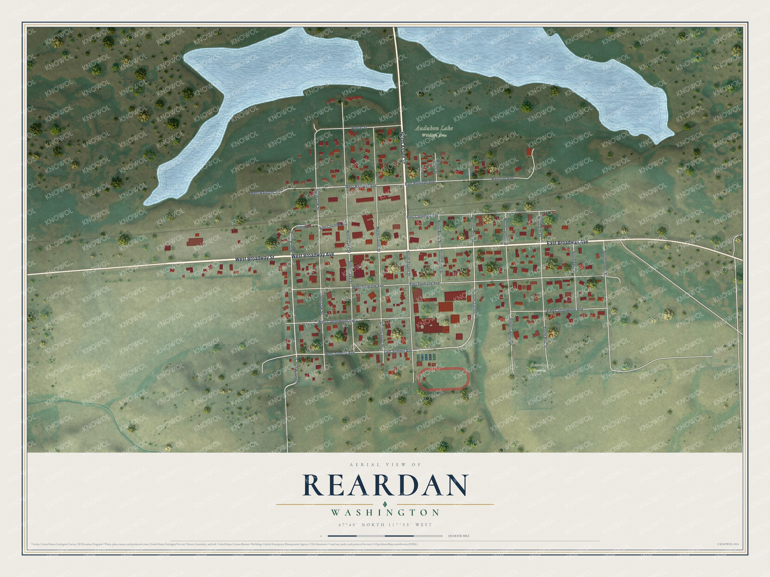 Full map of Reardan, Washington, with red buildings, printed street names and the land around them