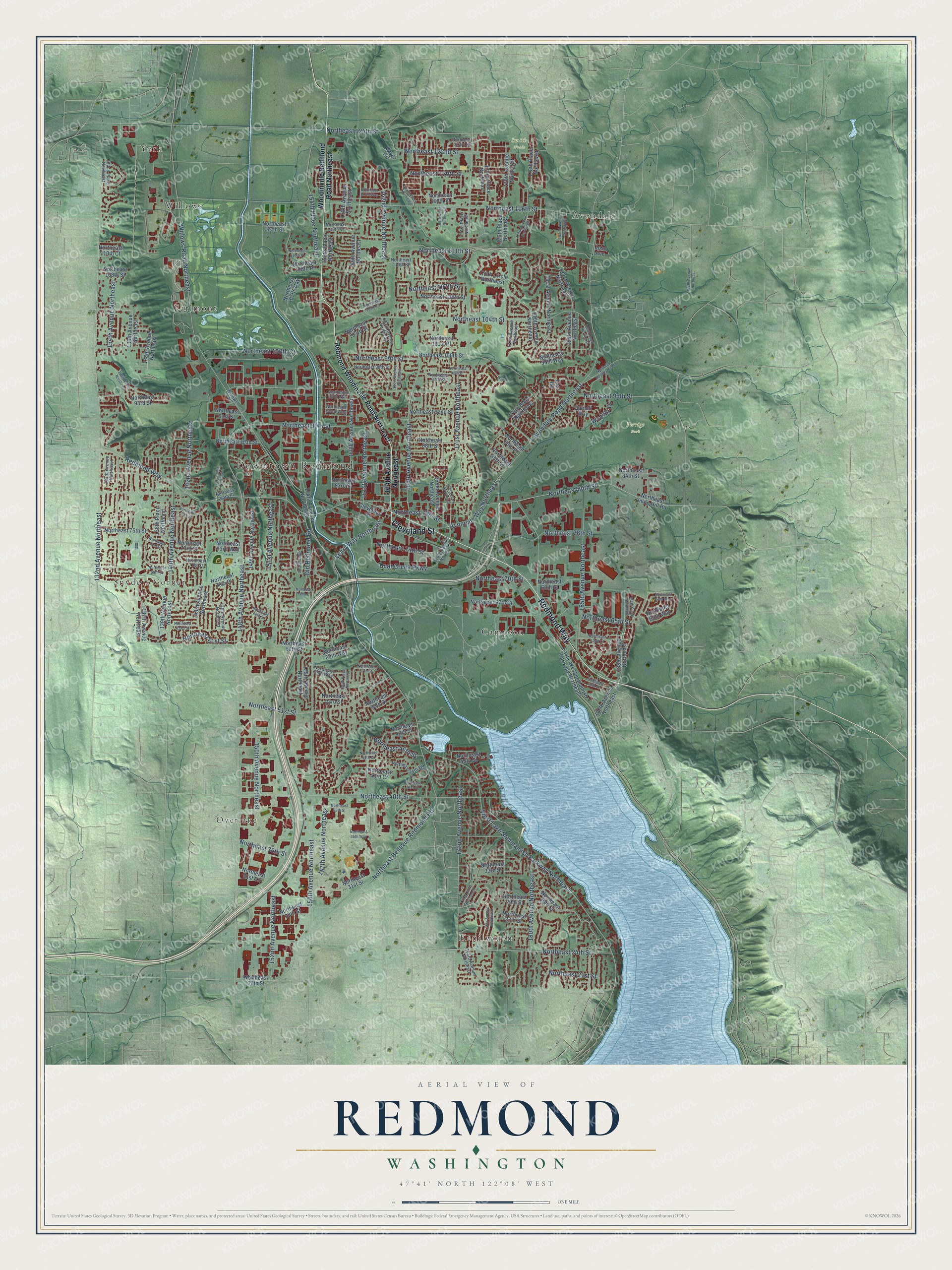 Full map of Redmond, Washington, with red buildings, printed street names and the land around them