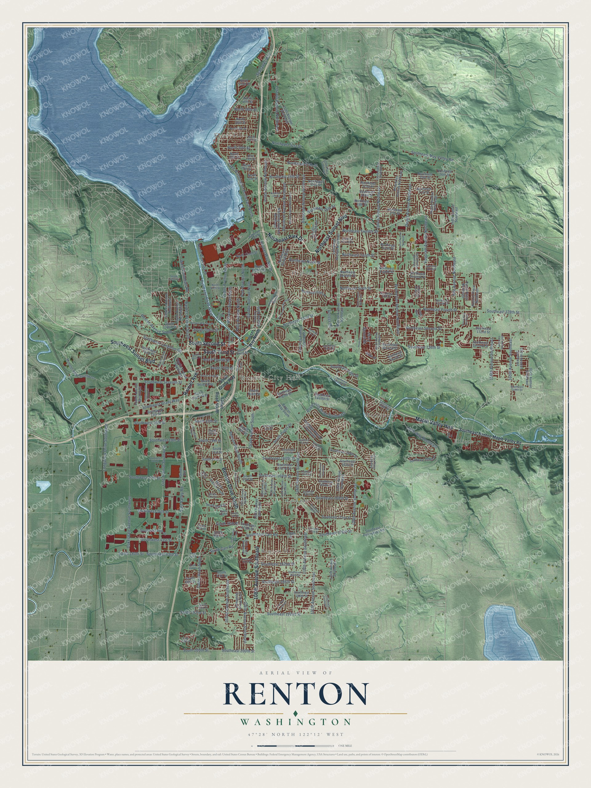 Full map of Renton, Washington, with red buildings, printed street names and the land around them