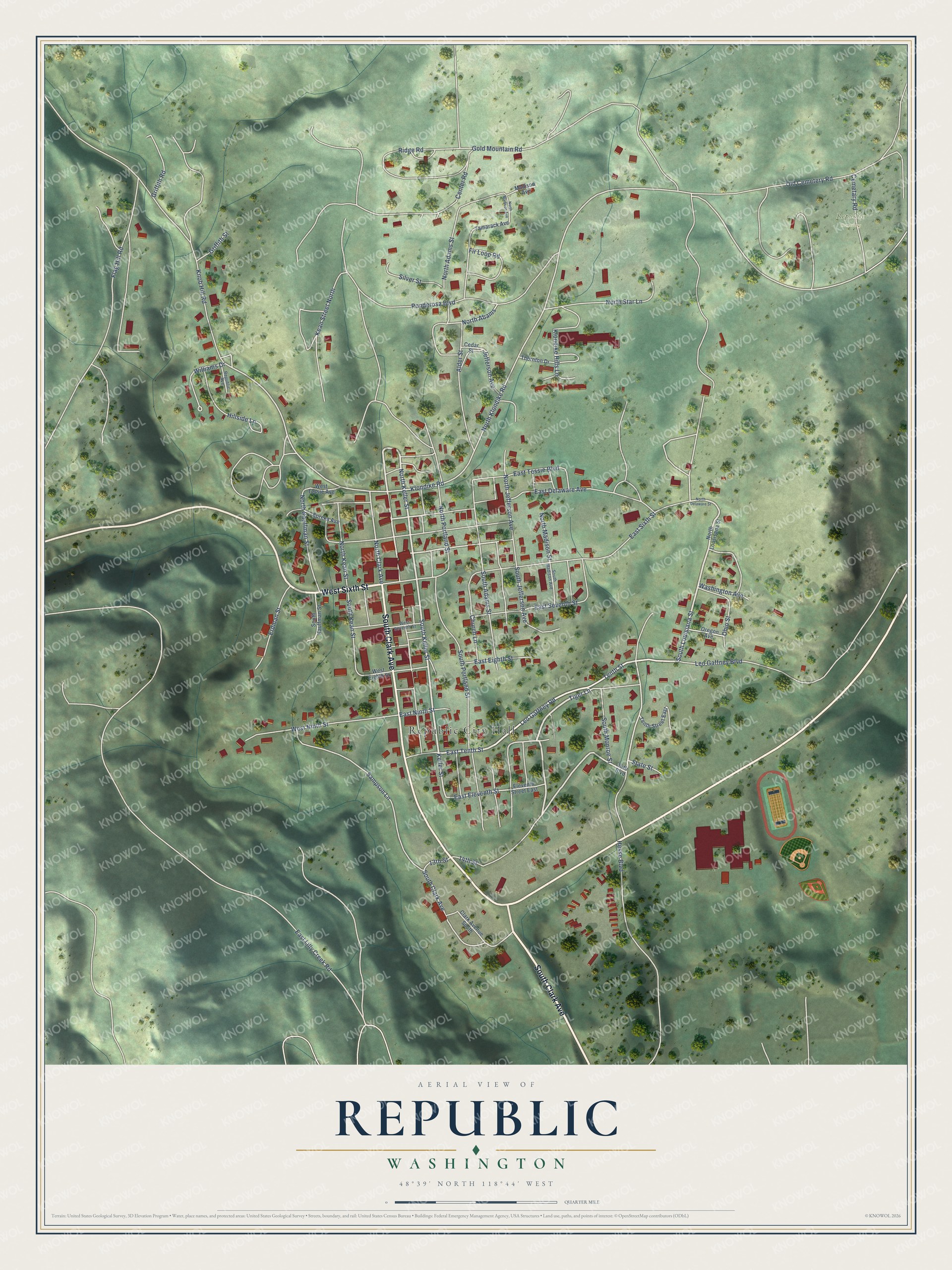 Full map of Republic, Washington, with red buildings, printed street names and the land around them