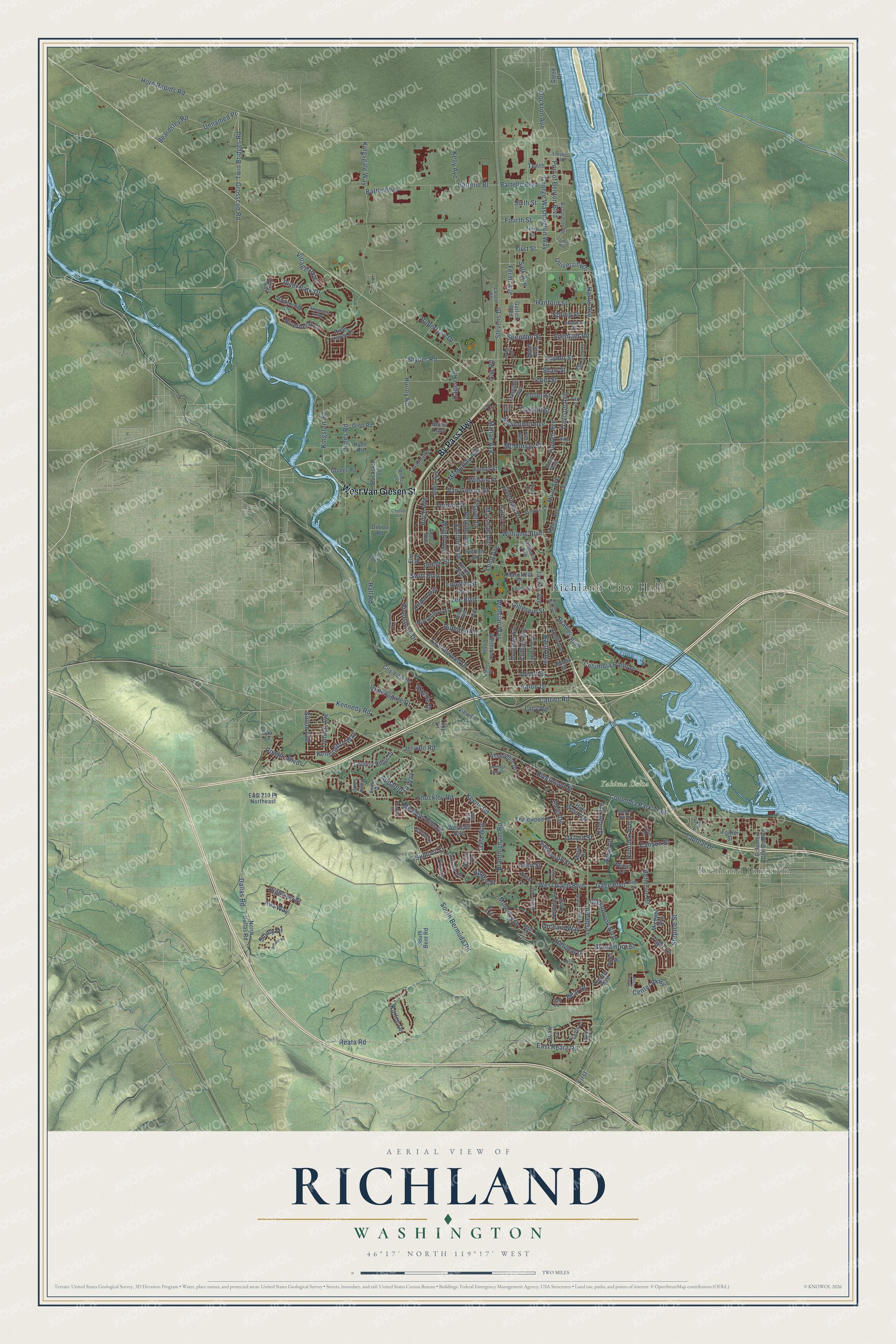 Full map of Richland, Washington, with red buildings, printed street names and the land around them