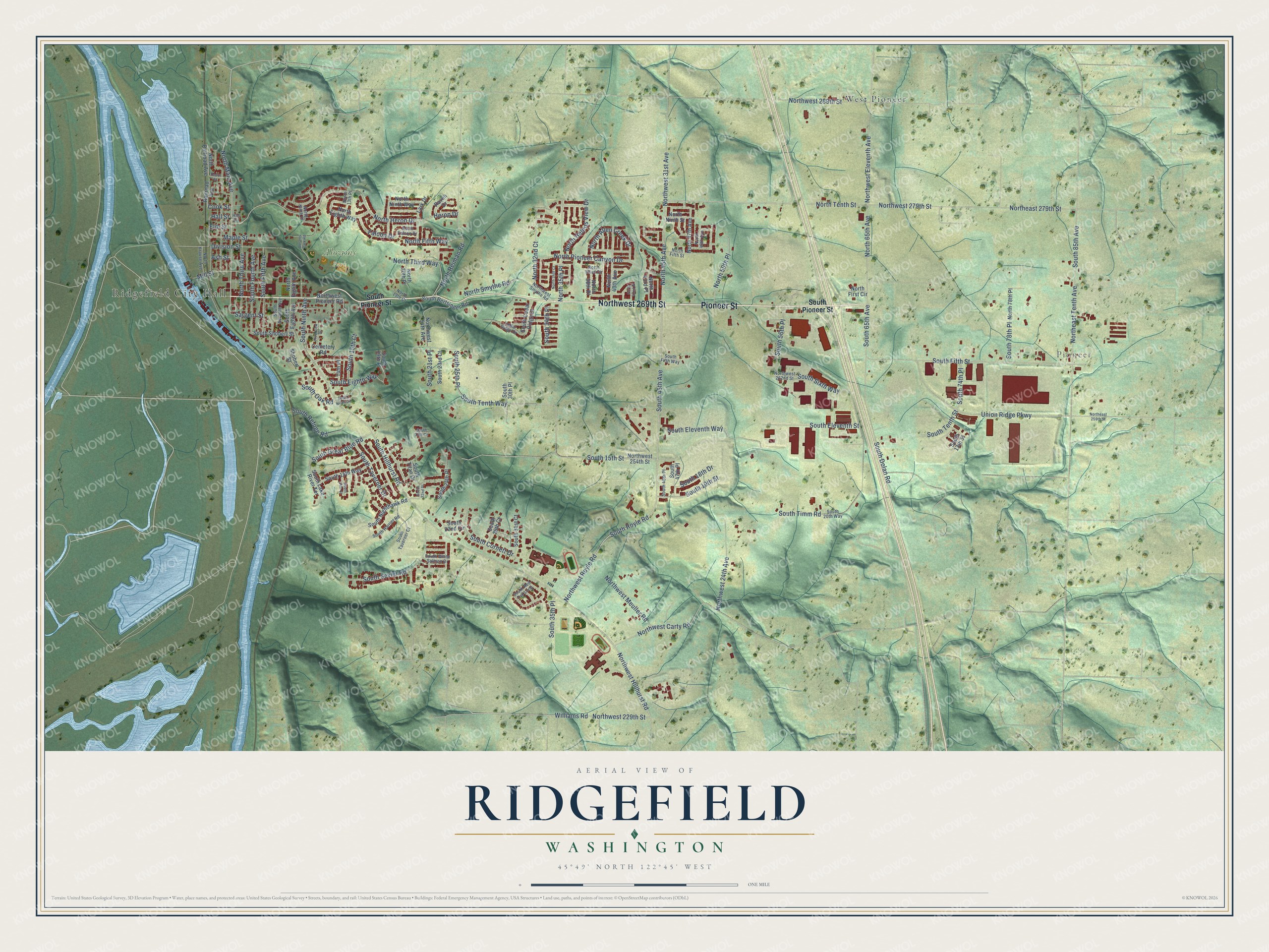 Full map of Ridgefield, Washington, with red buildings, printed street names and the land around them