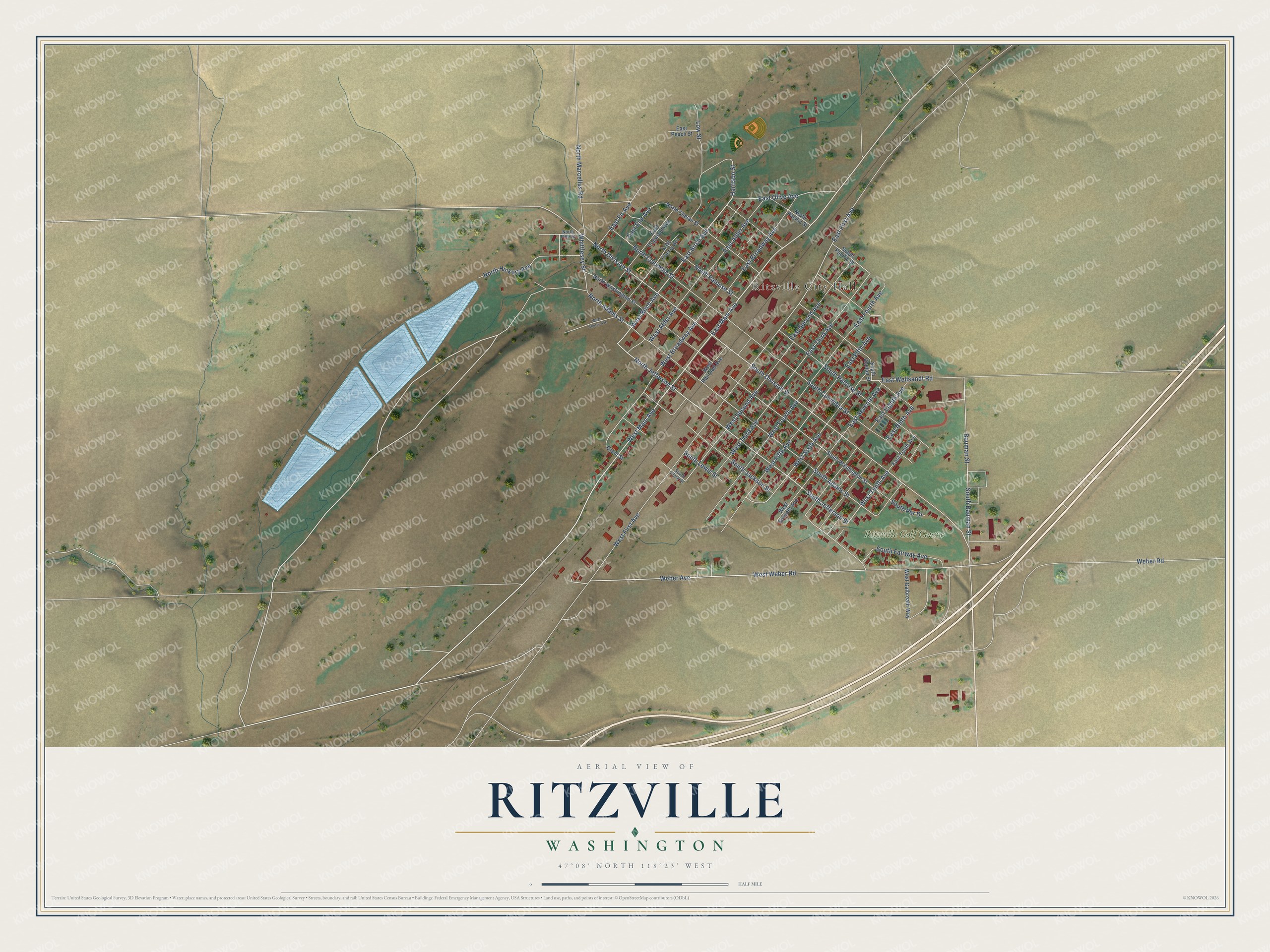 Full map of Ritzville, Washington, with red buildings, printed street names and the land around them