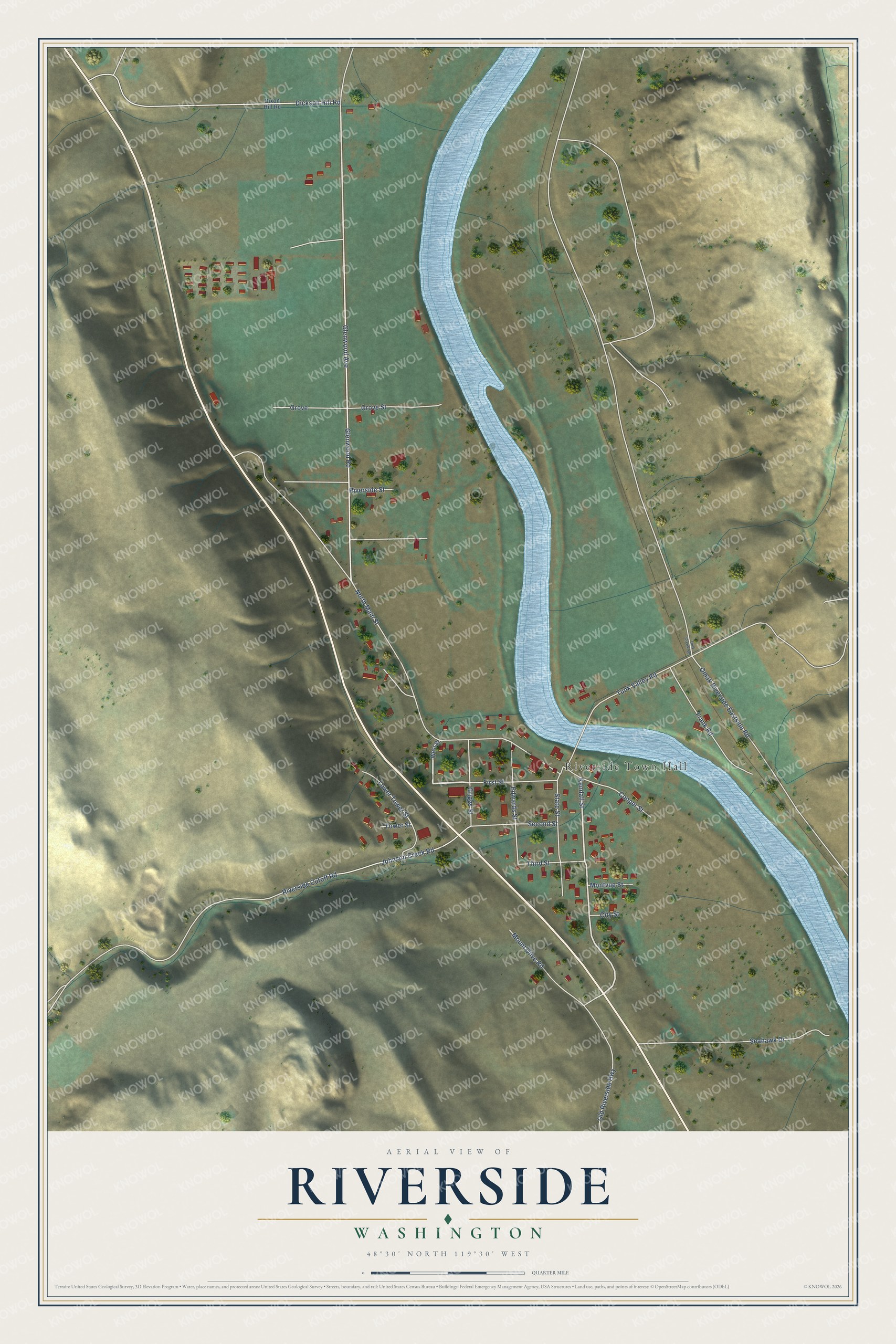 Full map of Riverside, Washington, with red buildings, printed street names and the land around them