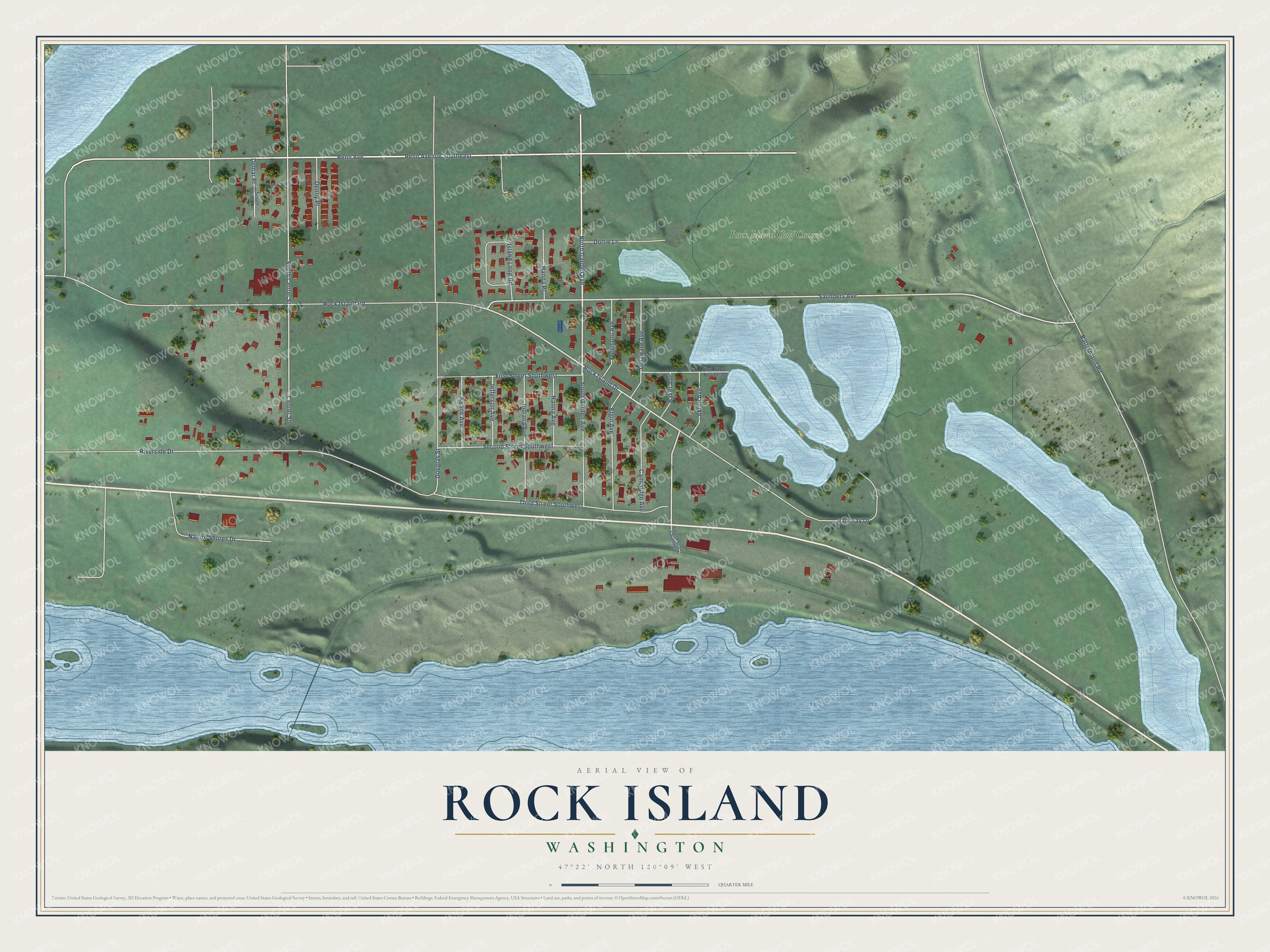 Full map of Rock Island, Washington, with red buildings, printed street names and the land around them
