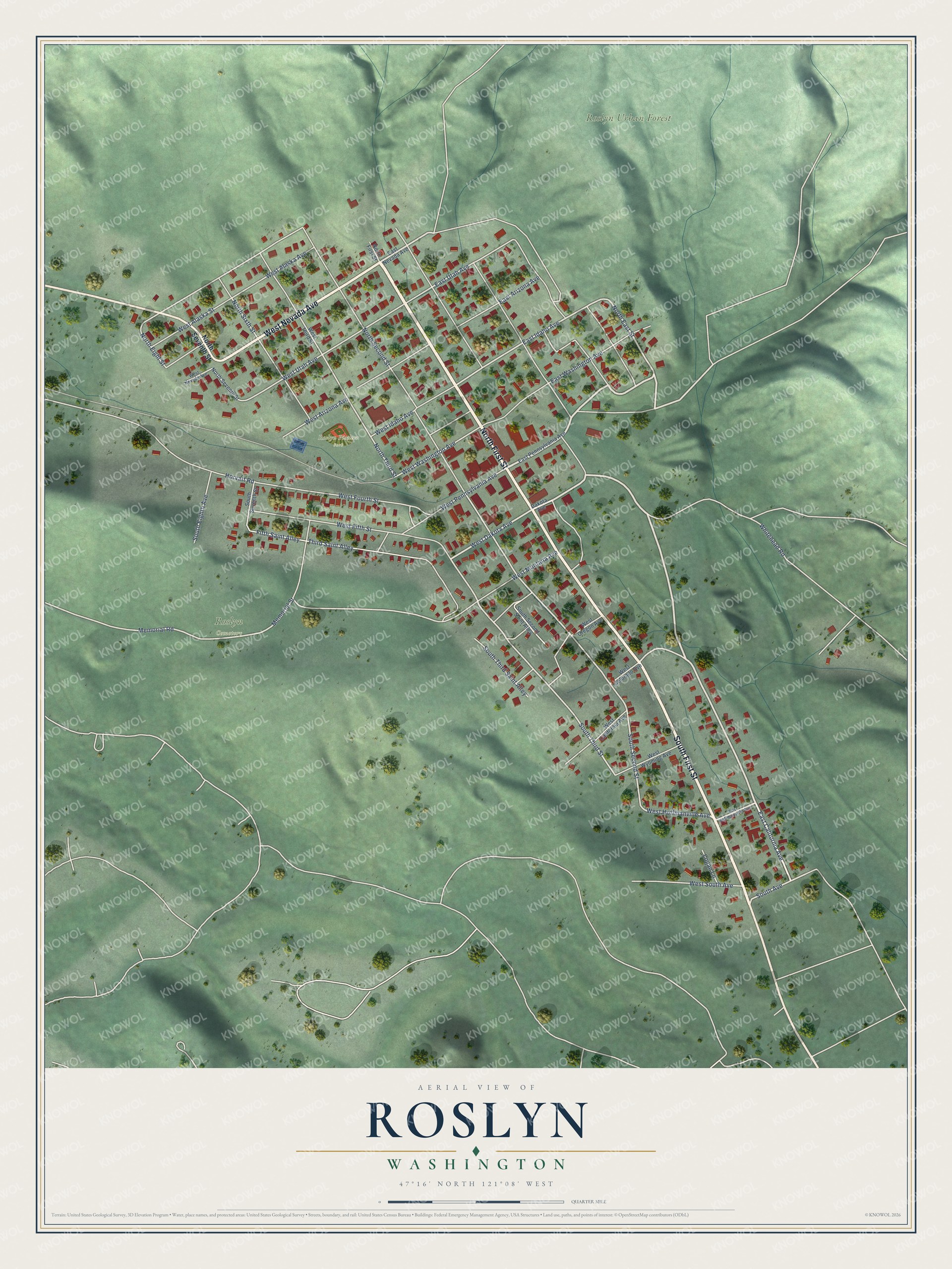 Full map of Roslyn, Washington, with red buildings, printed street names and the land around them