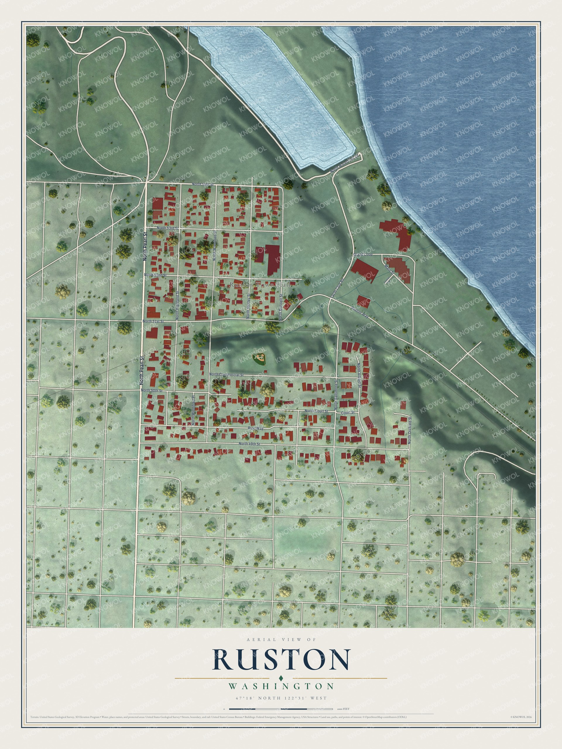 Full map of Ruston, Washington, with red buildings, printed street names and the land around them