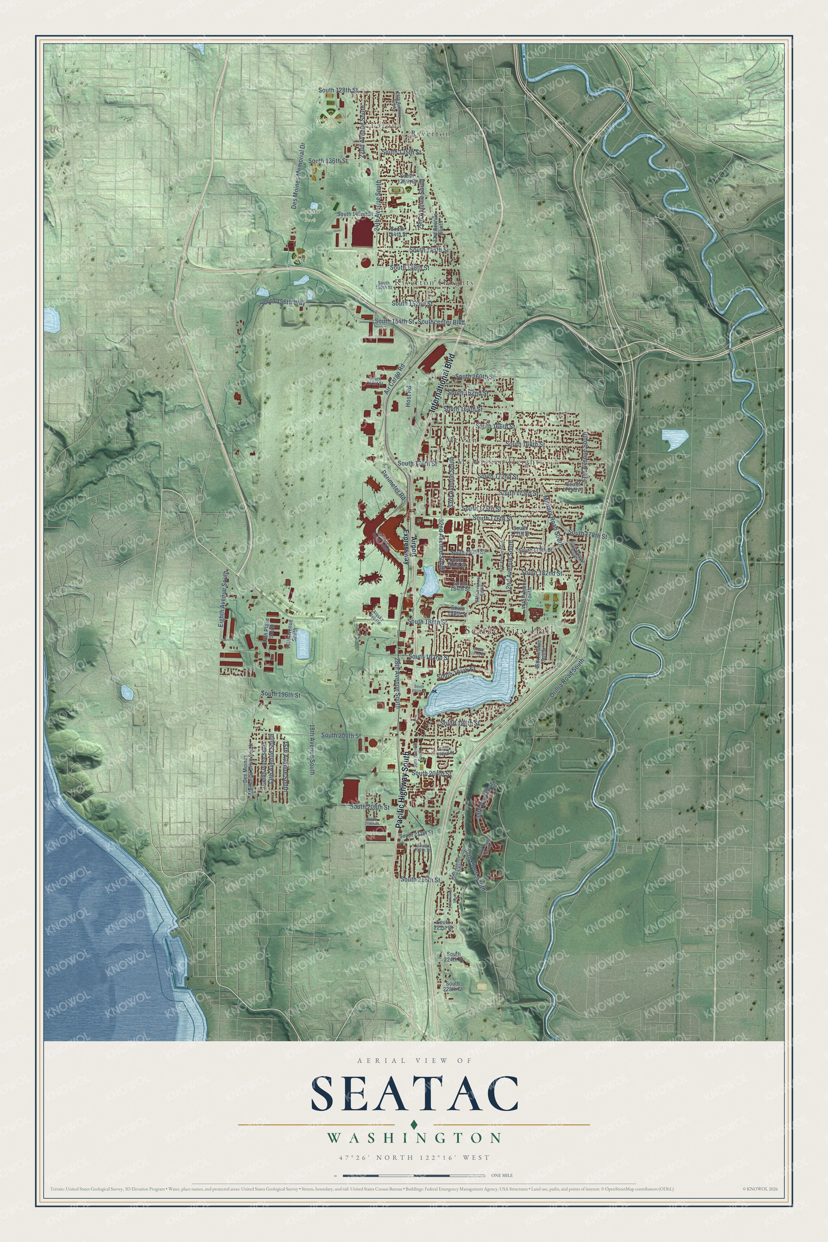 Full map of SeaTac, Washington, with red buildings, printed street names and the land around them