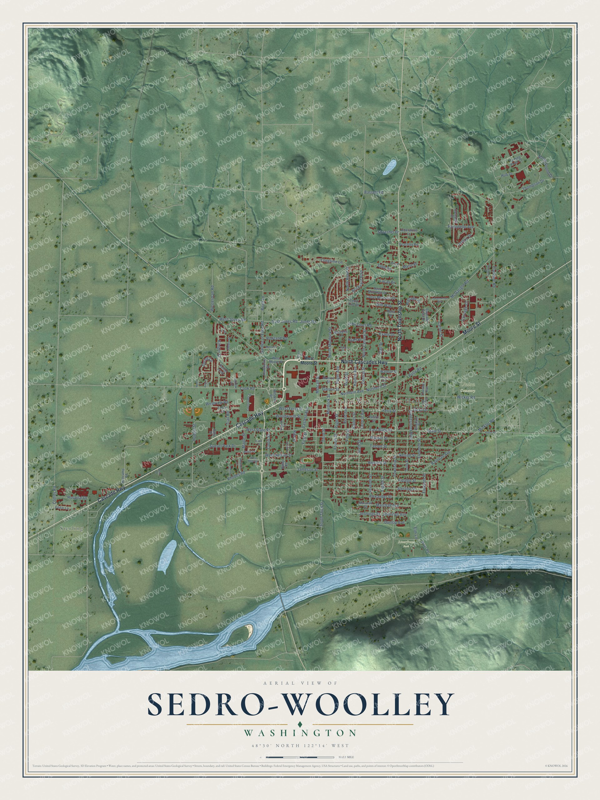 Full map of Sedro-Woolley, Washington, with red buildings, printed street names and the land around them
