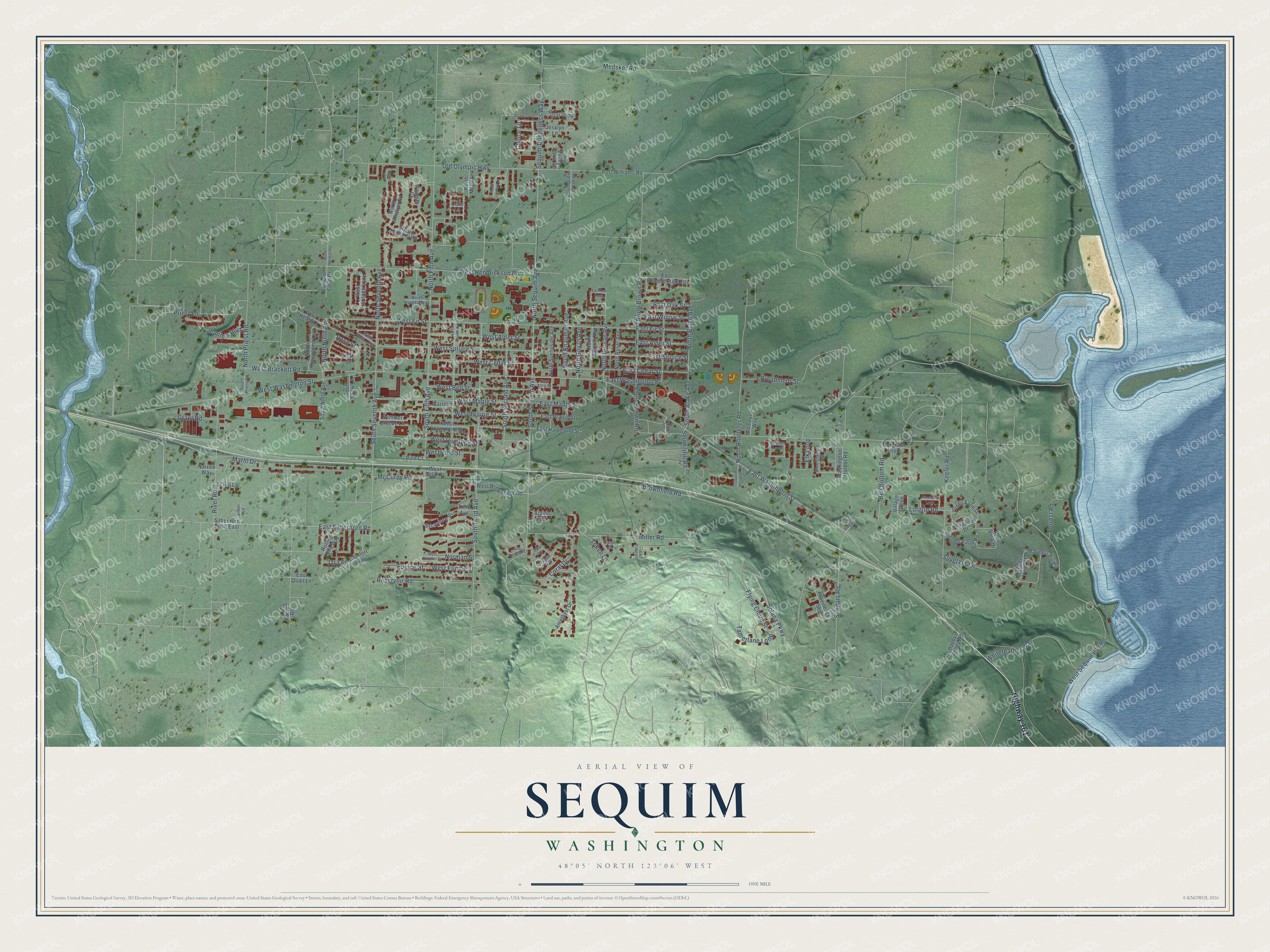 Full map of Sequim, Washington, with red buildings, printed street names and the land around them