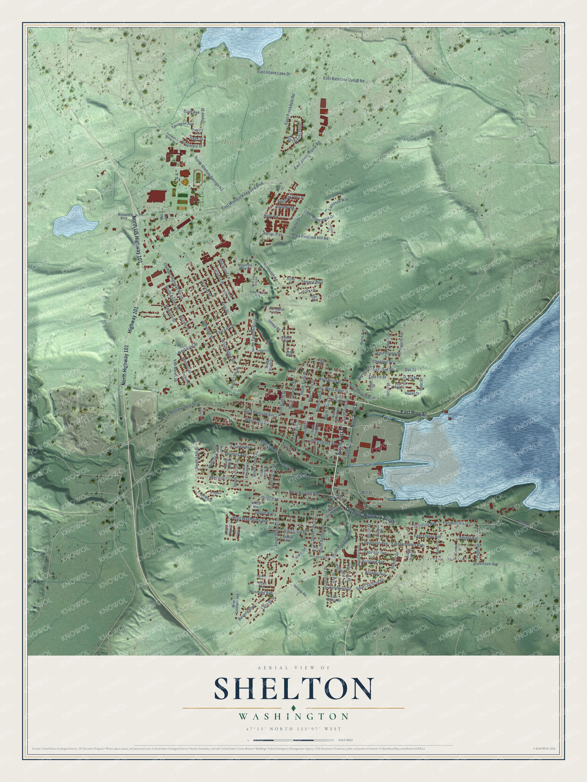 Full map of Shelton, Washington, with red buildings, printed street names and the land around them