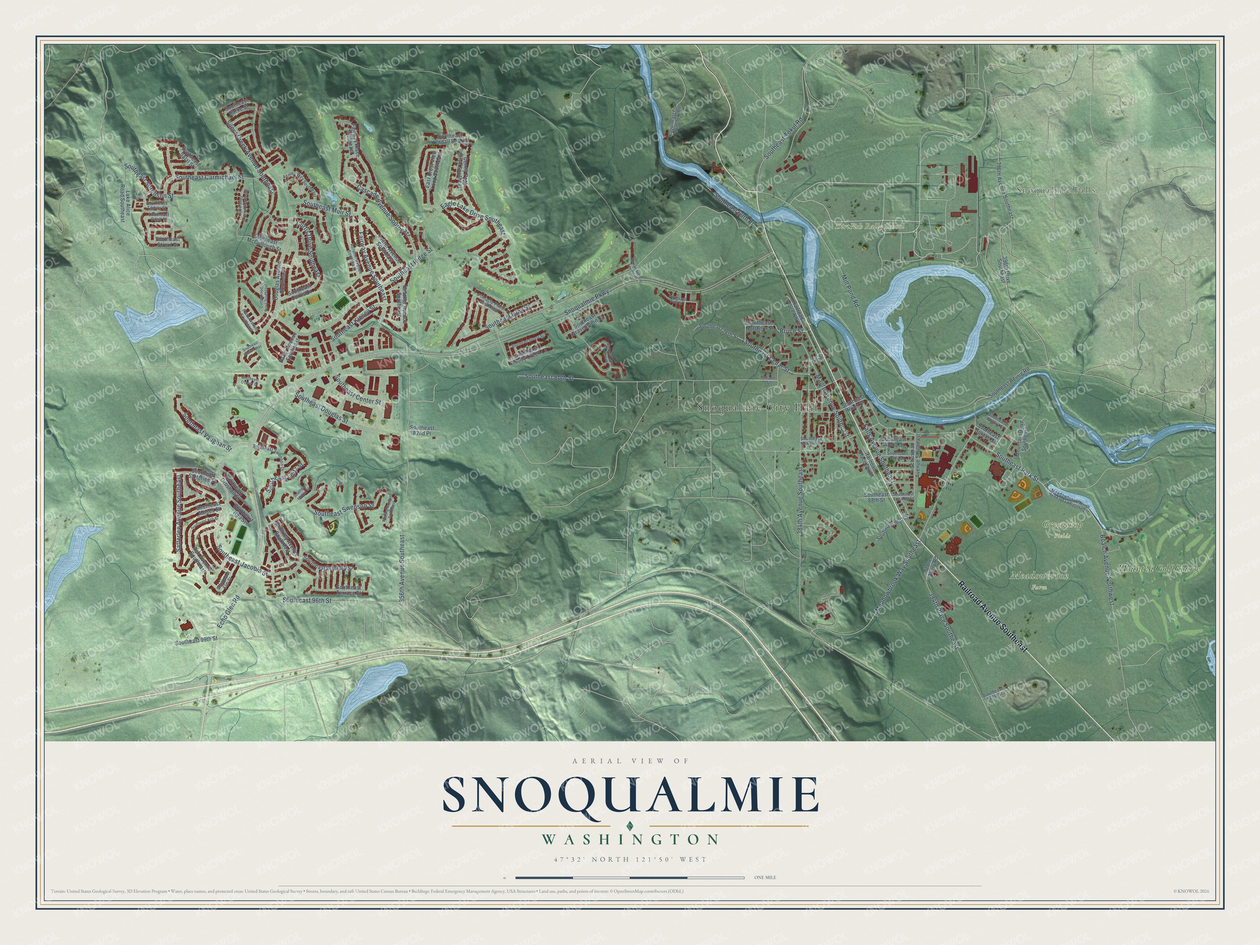 Full map of Snoqualmie, Washington, with red buildings, printed street names and the land around them