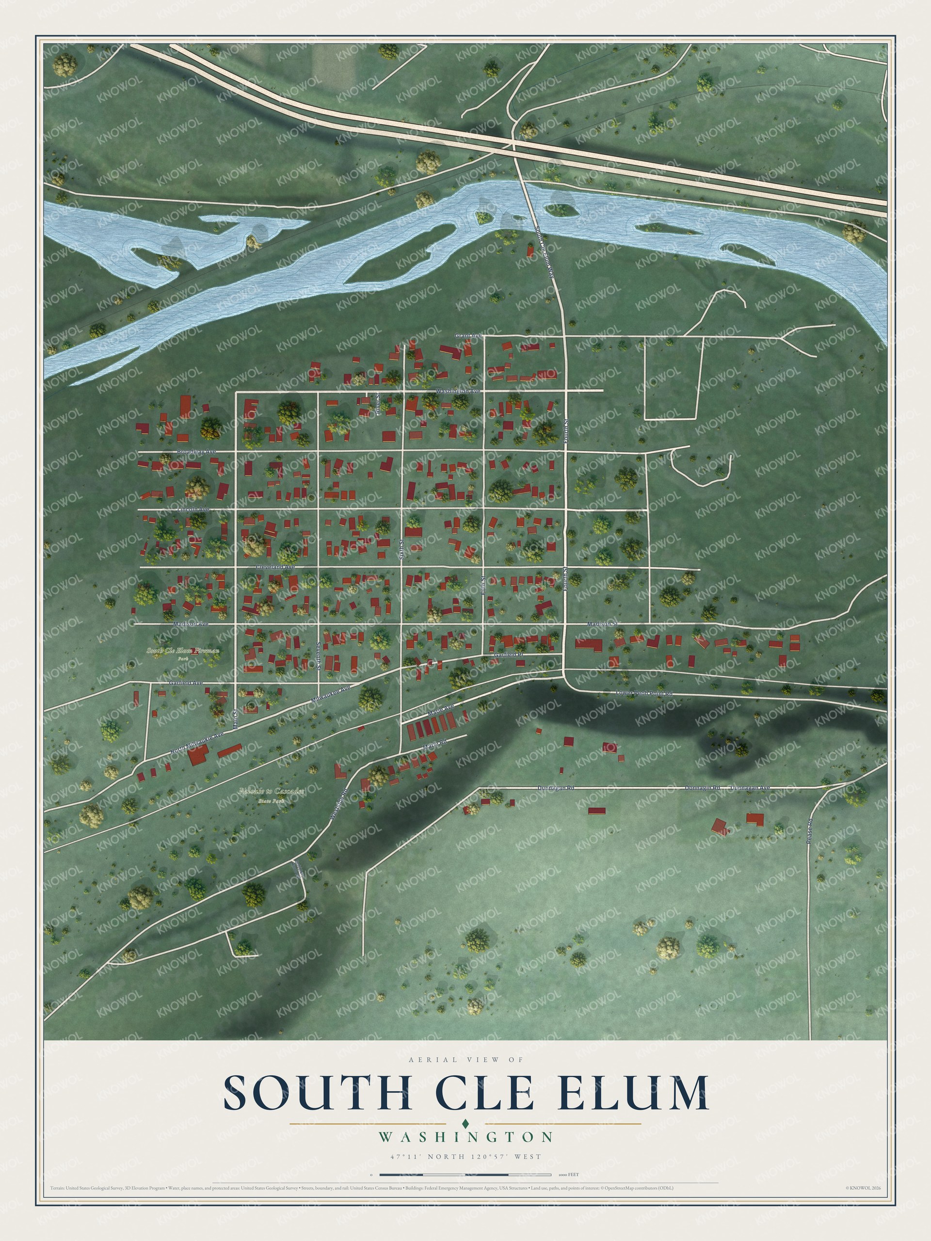 Full map of South Cle Elum, Washington, with red buildings, printed street names and the land around them