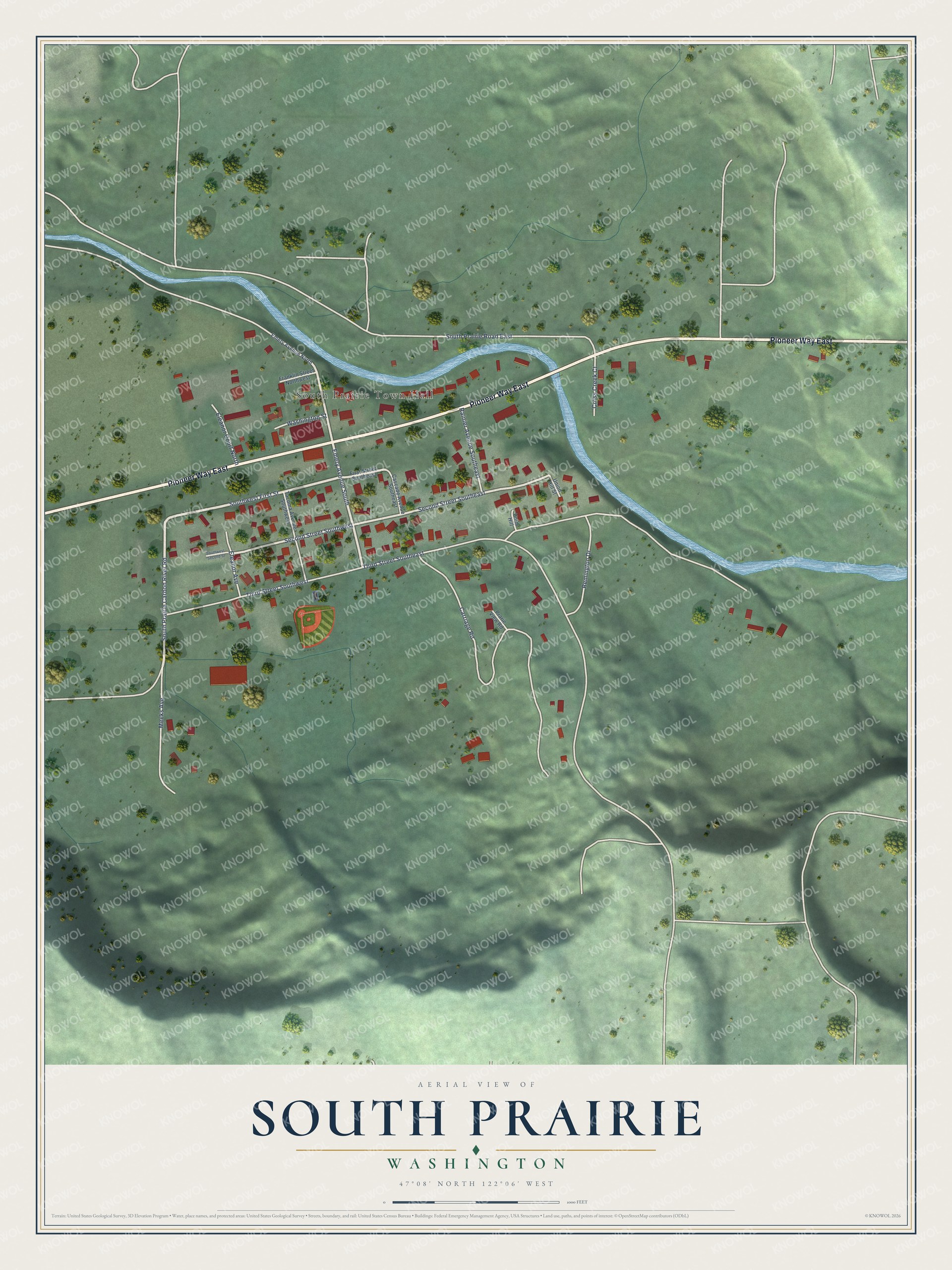 Full map of South Prairie, Washington, with red buildings, printed street names and the land around them