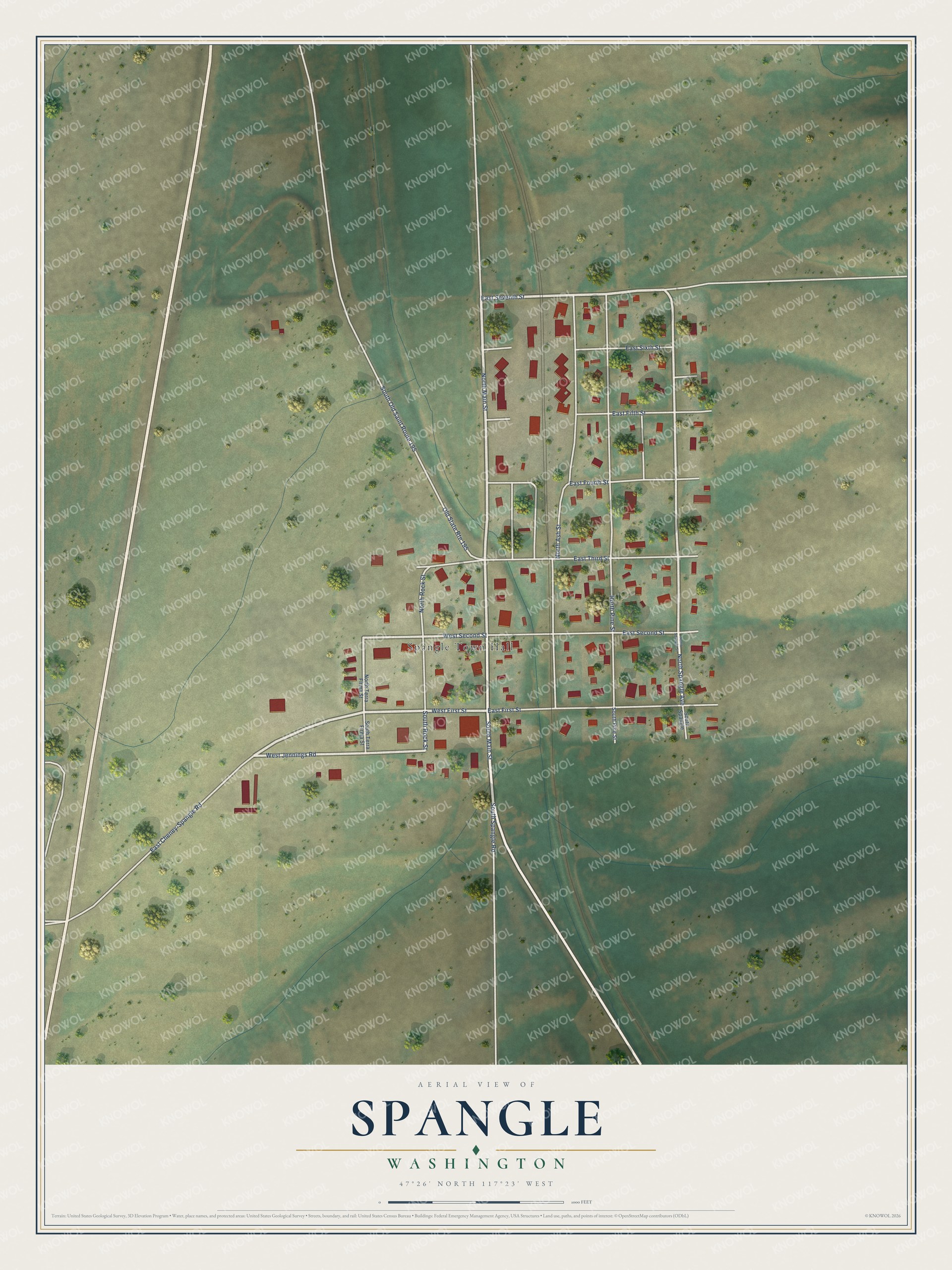 Full map of Spangle, Washington, with red buildings, printed street names and the land around them