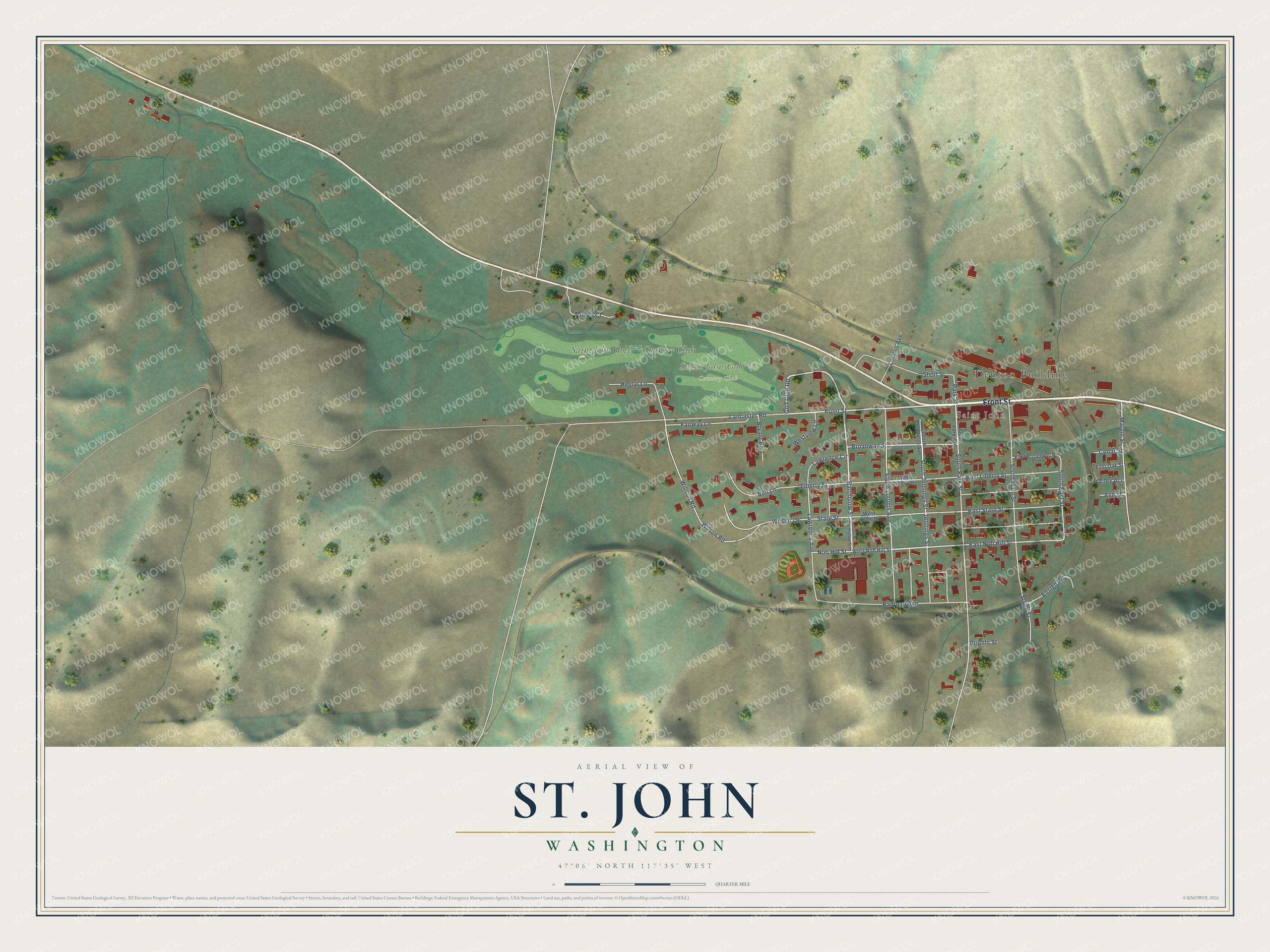 Full map of St. John, Washington, with red buildings, printed street names and the land around them