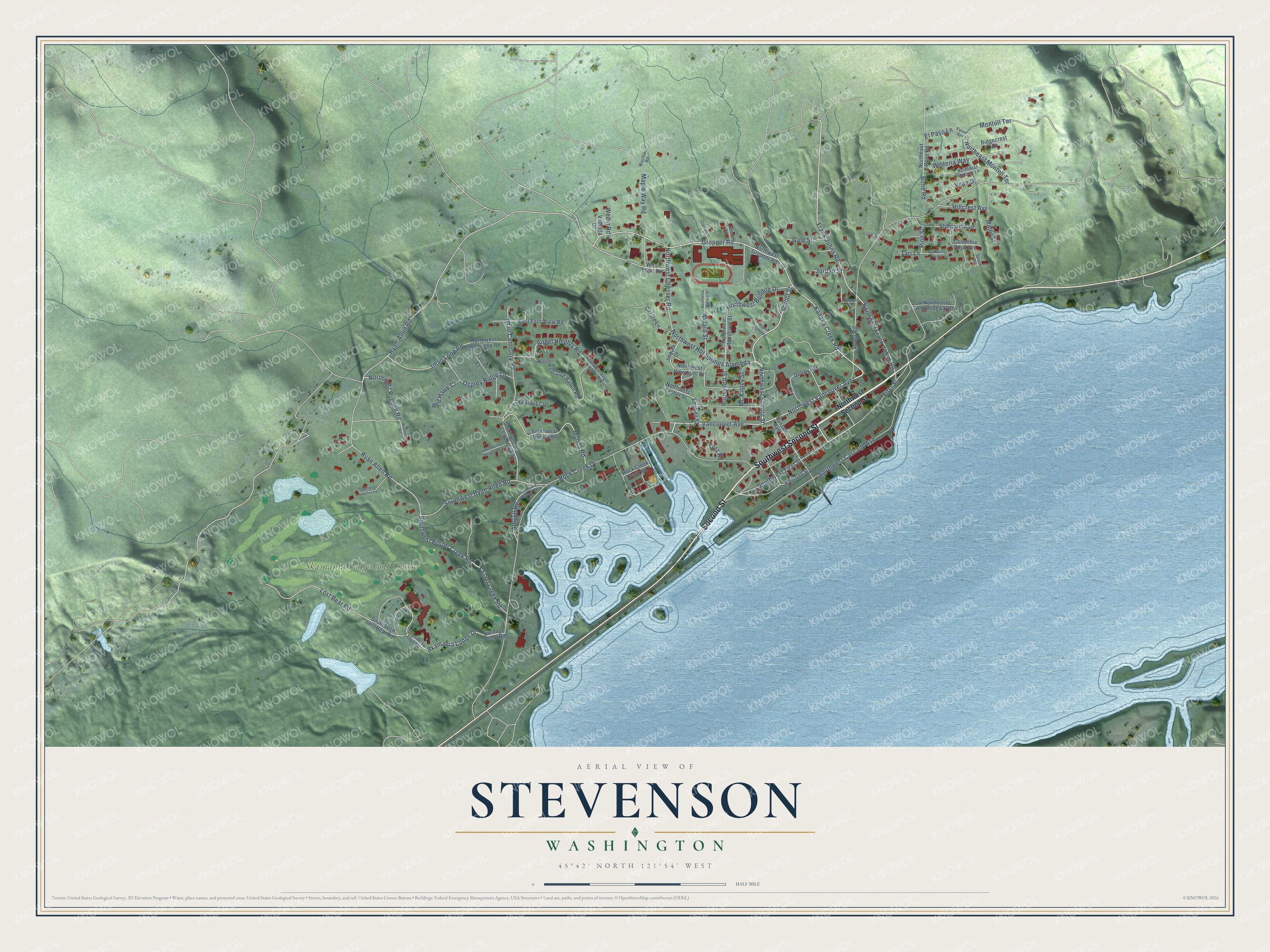 Full map of Stevenson, Washington, with red buildings, printed street names and the land around them