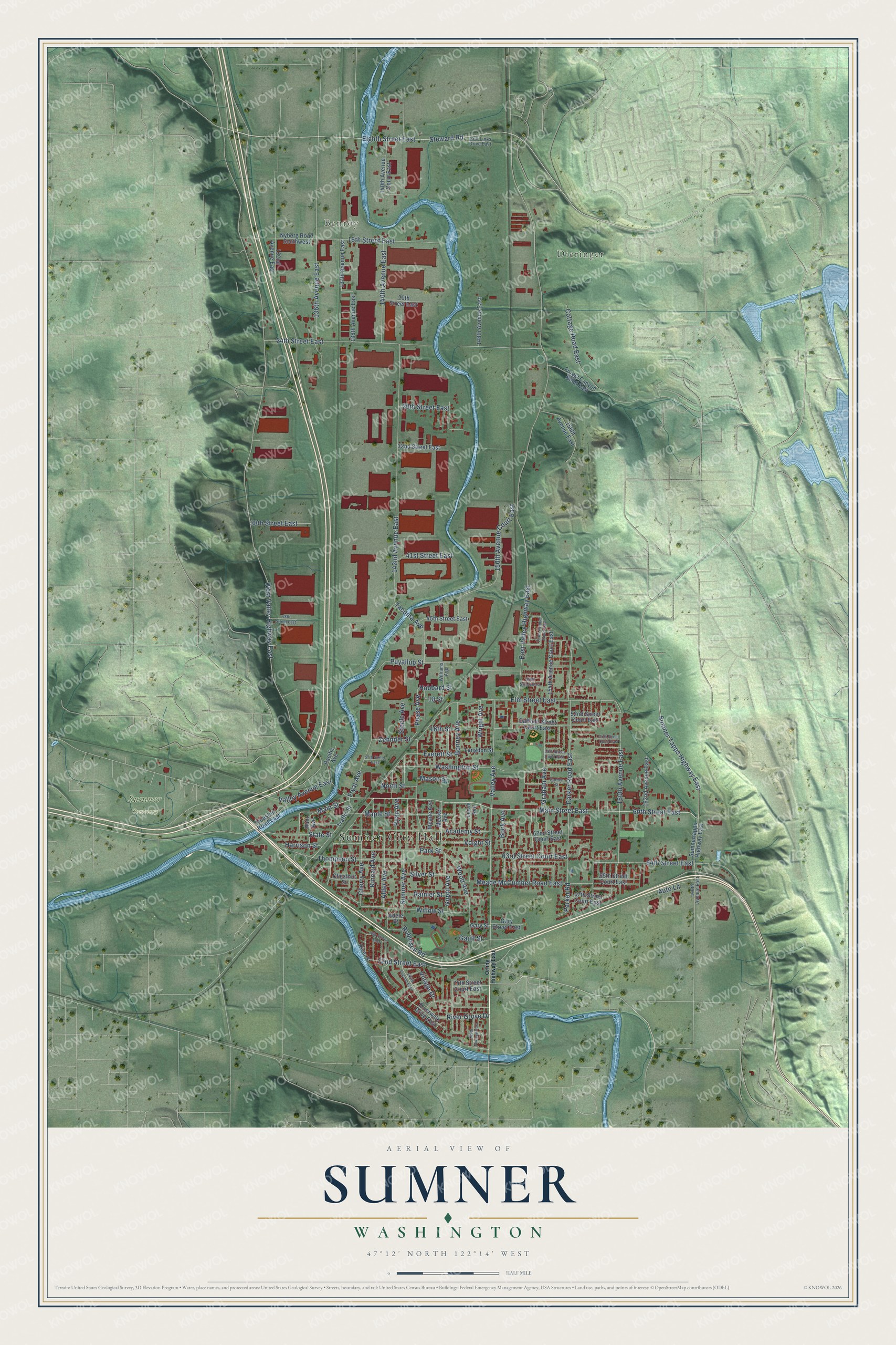 Full map of Sumner, Washington, with red buildings, printed street names and the land around them