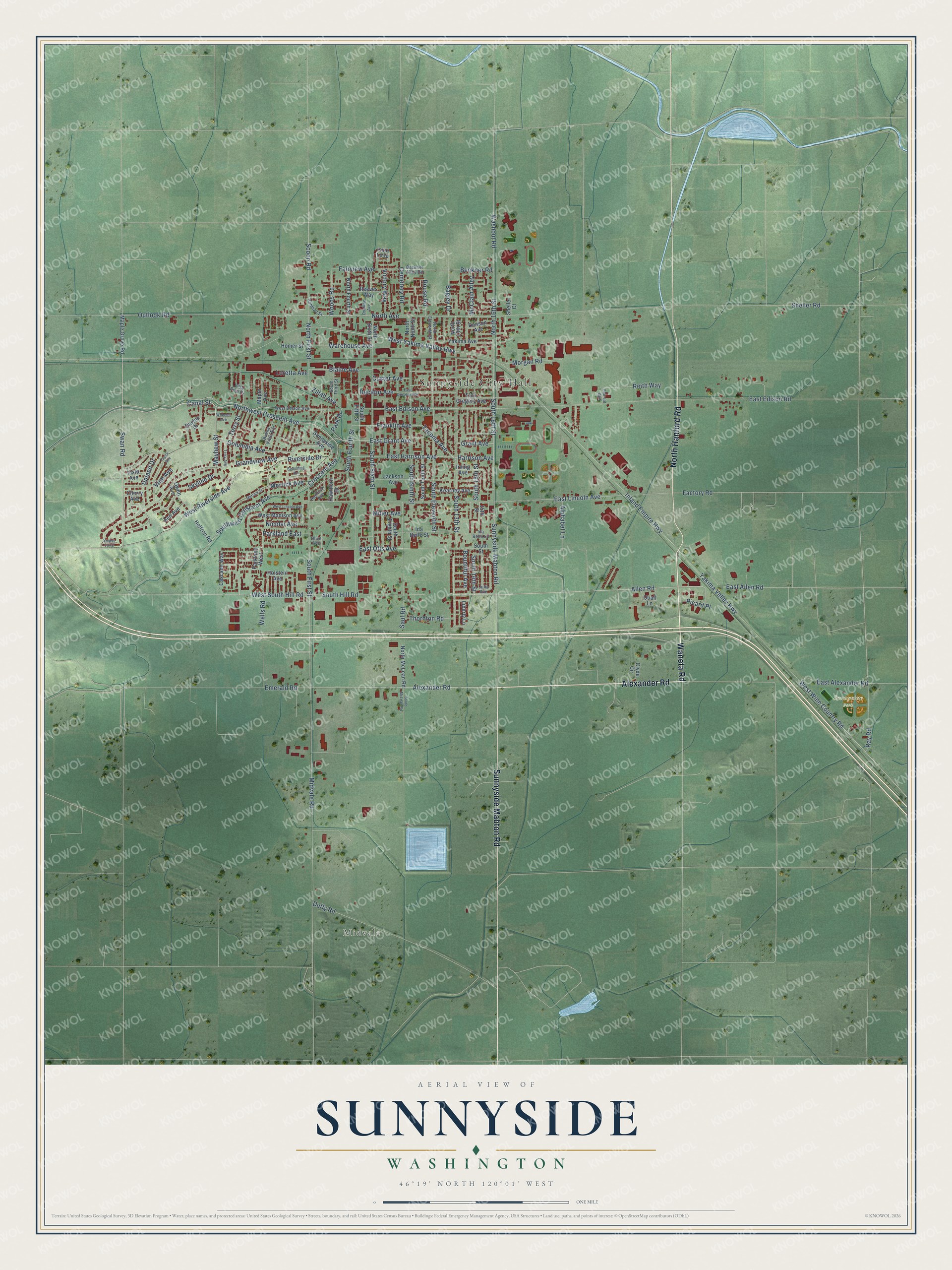 Full map of Sunnyside, Washington, with red buildings, printed street names and the land around them